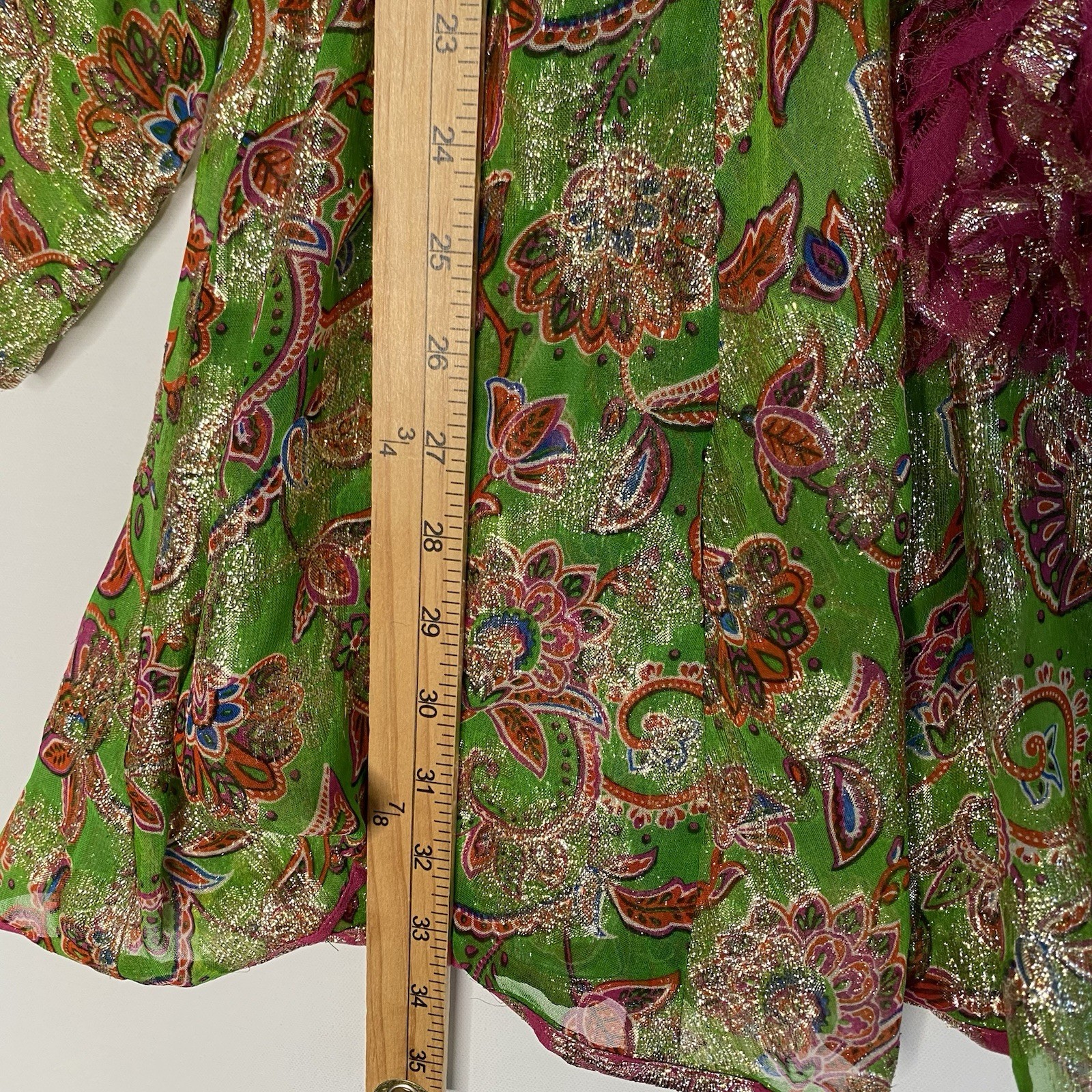 Miss June Paris Mini Dress Tunic Cover Up OS Green Gold Resort Kaftan Tassel