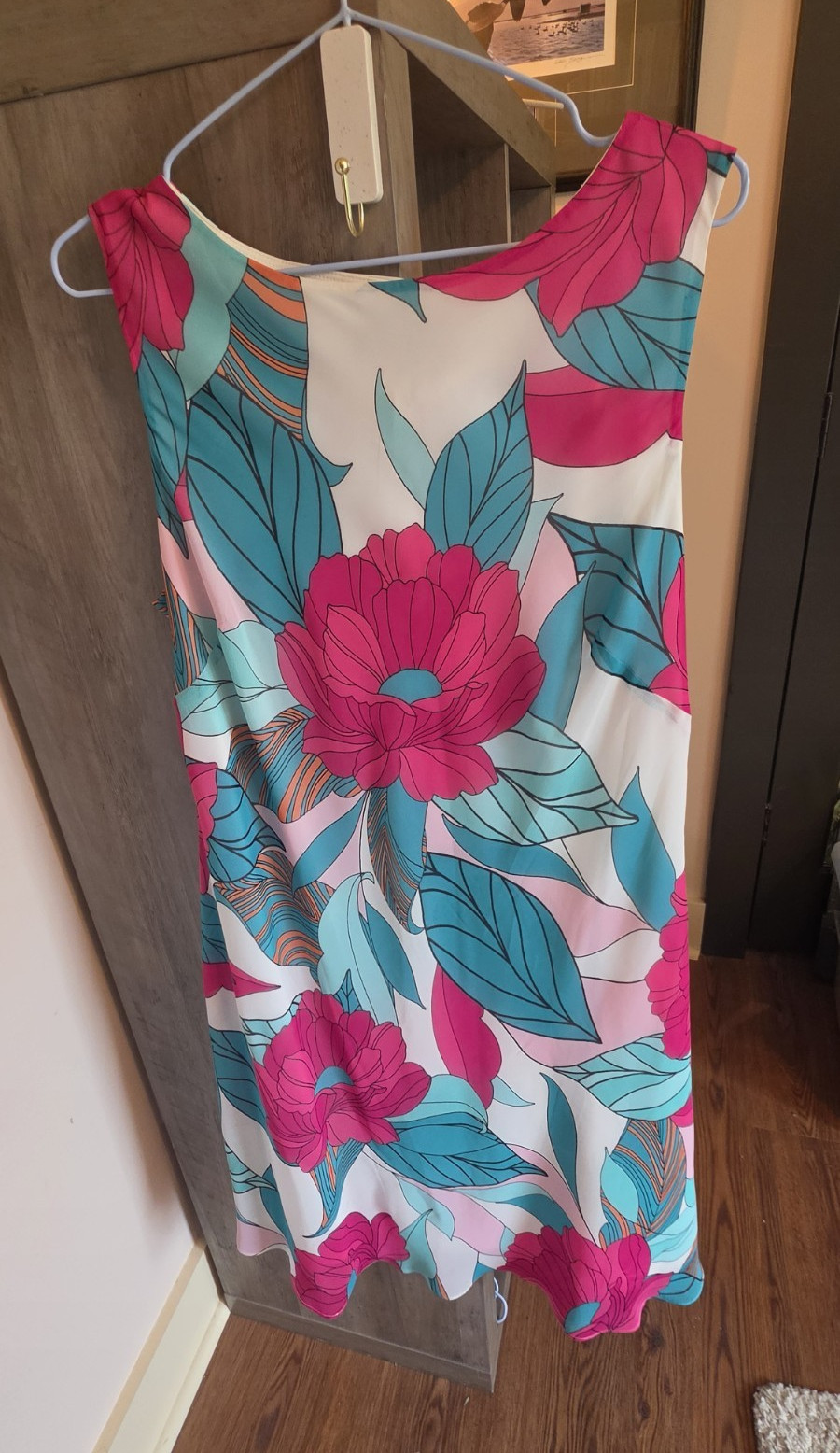 Nine West Floral Shift Dress 14 Sleeveless Knee Length Pink Teal White