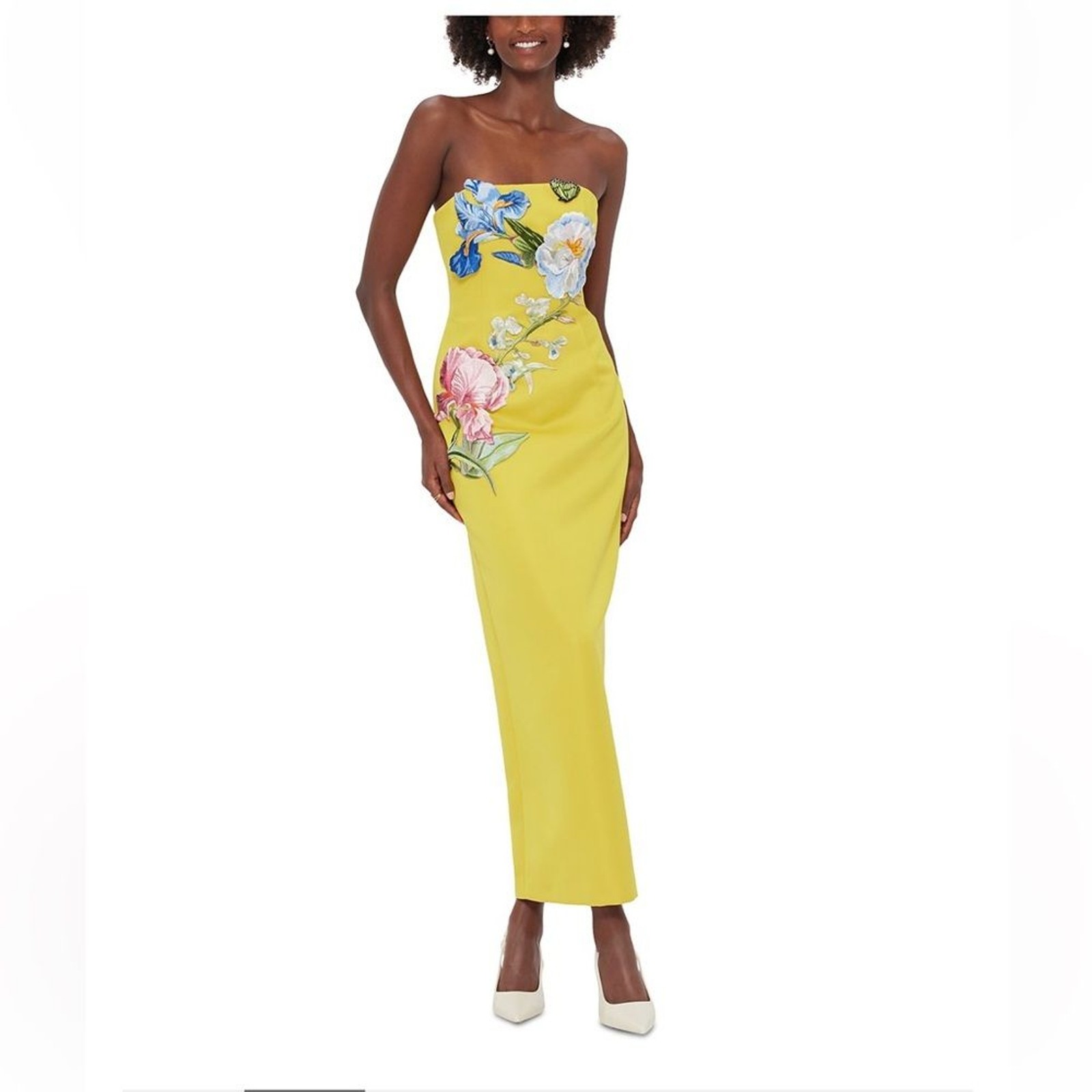 Leo Lin Rayna Floral Appliqué Bustier Maxi Dress Yellow Strapless Luxury US 2