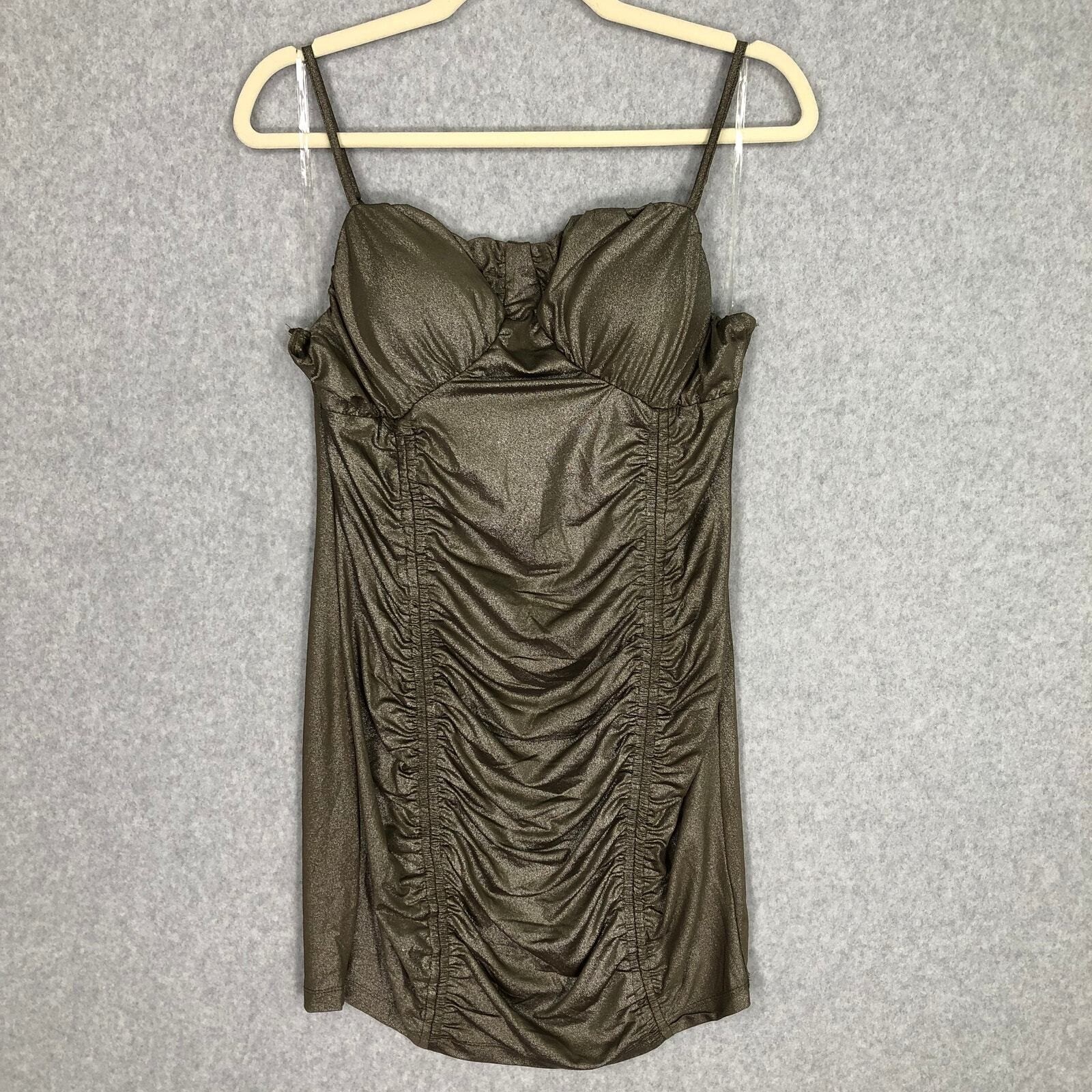 Bronze Metallic Ruched Mini Dress Large Party Club NYE Sexy HOCO Tight Stretch