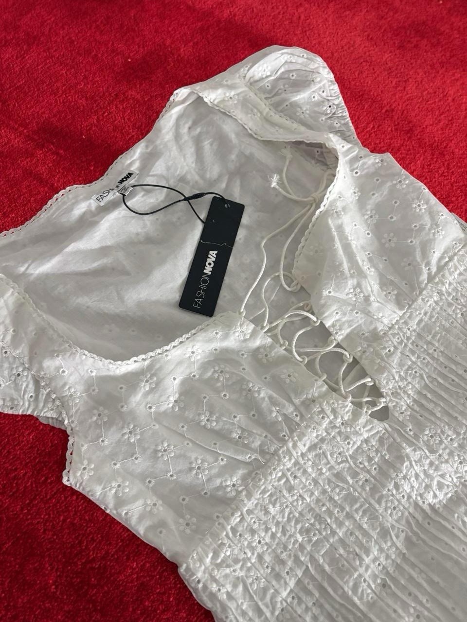 Fashion Nova White Eyelet Smocked Lace-Up Square Neck Mini Dress Size S