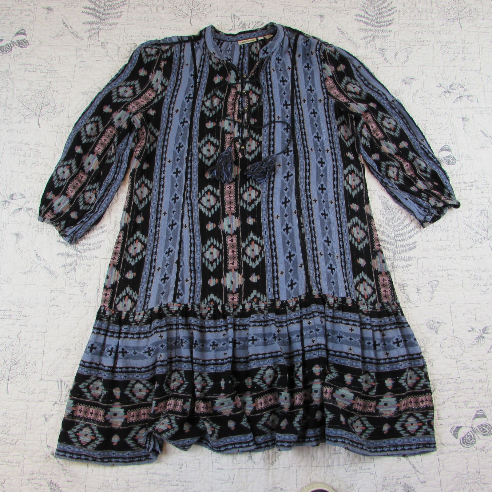 Spring ANTHROPOLOGIE Holding Horses Winter Moon Dress Womens IKAT Blue Boho S