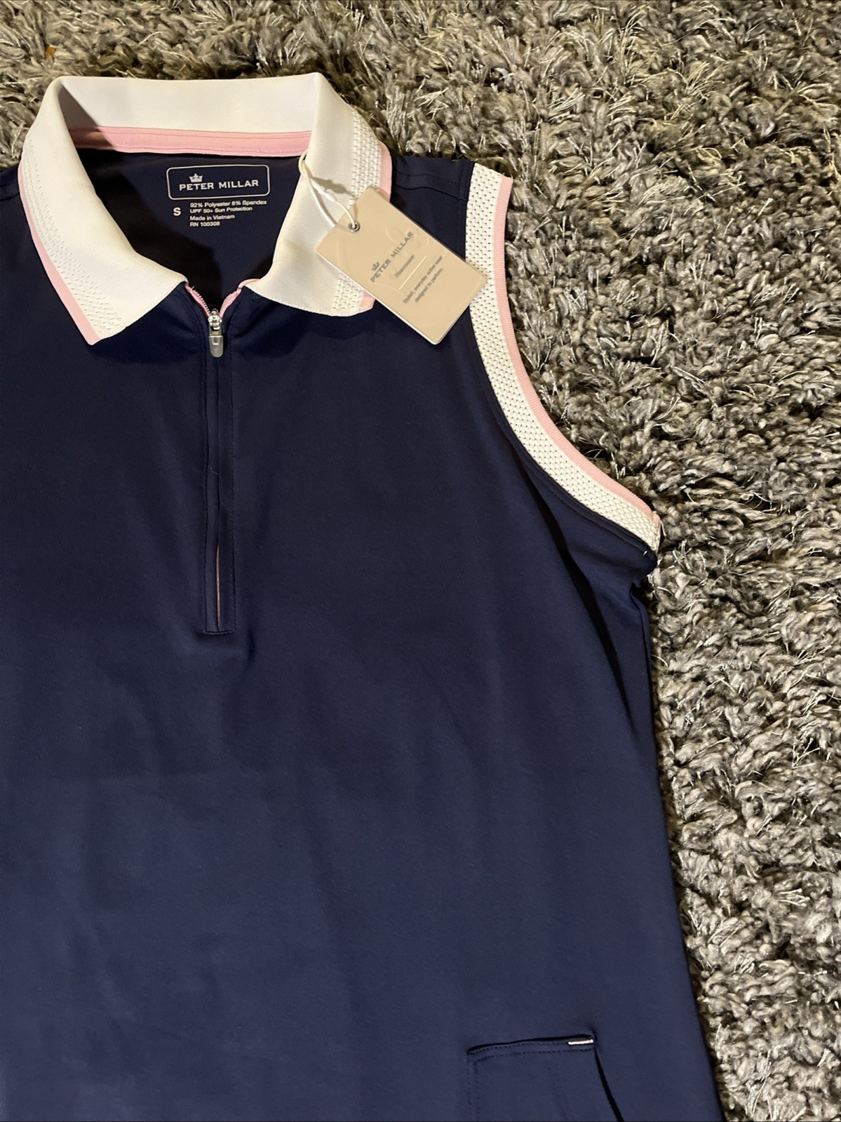 NWT Peter Millar Polo Dress 1/4 Zip Small Navy Blue-White Pink Trim Golf Tennis