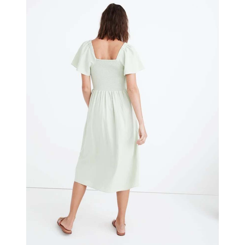 Madewell Linen-Blend Lucie Smocked Midi Dress Size Small Sunfaded Mint MD141