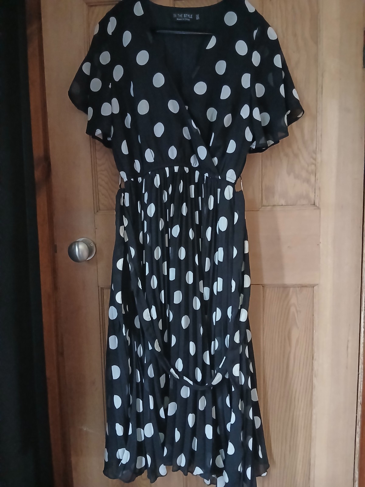 Black And White Spotty Polka Dot Dress, Knee Length, Tie Belt, Elasticated Waist