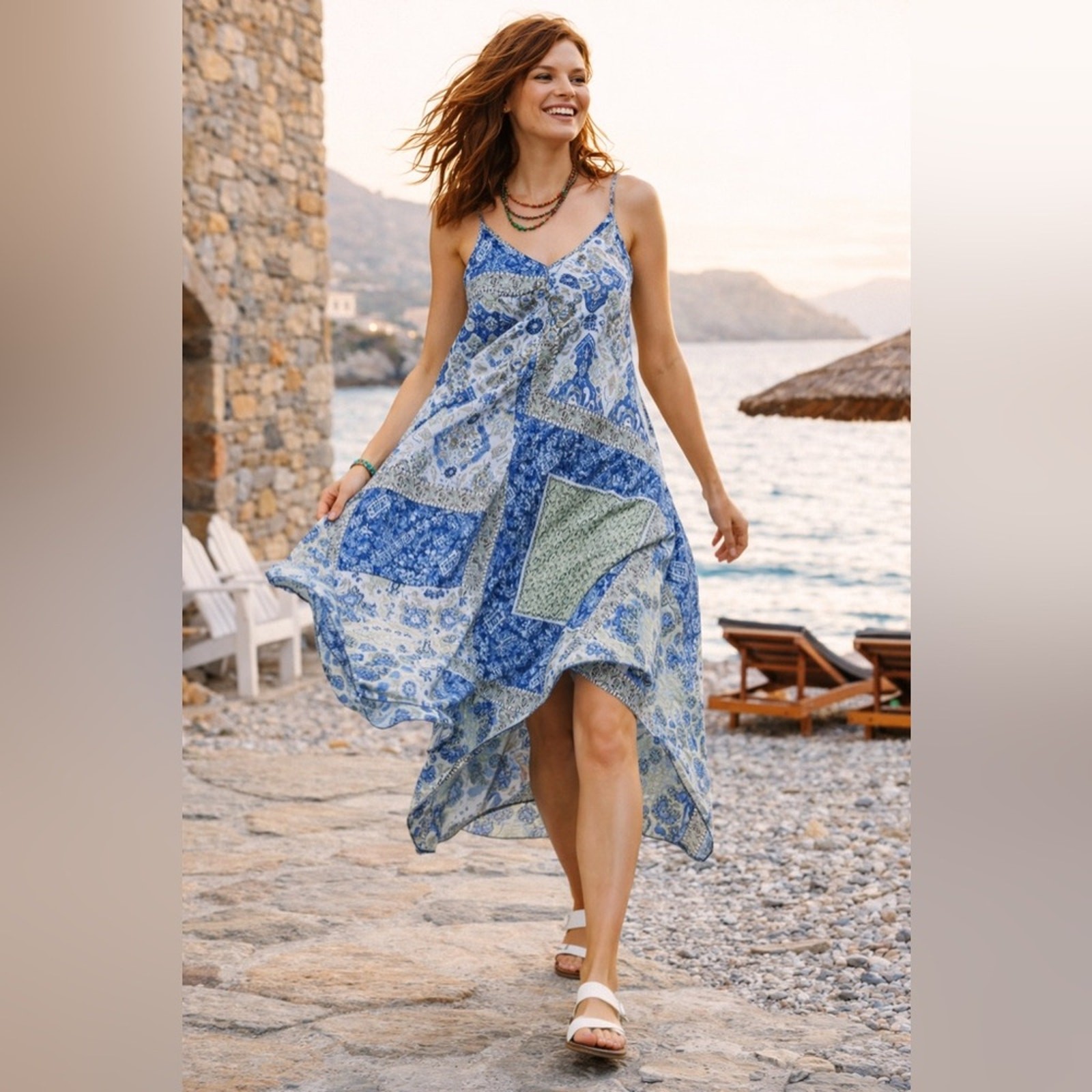 Organic Viscose Boho Patchwork Dress L/XL Flowy High Low Hem Adjustable Straps