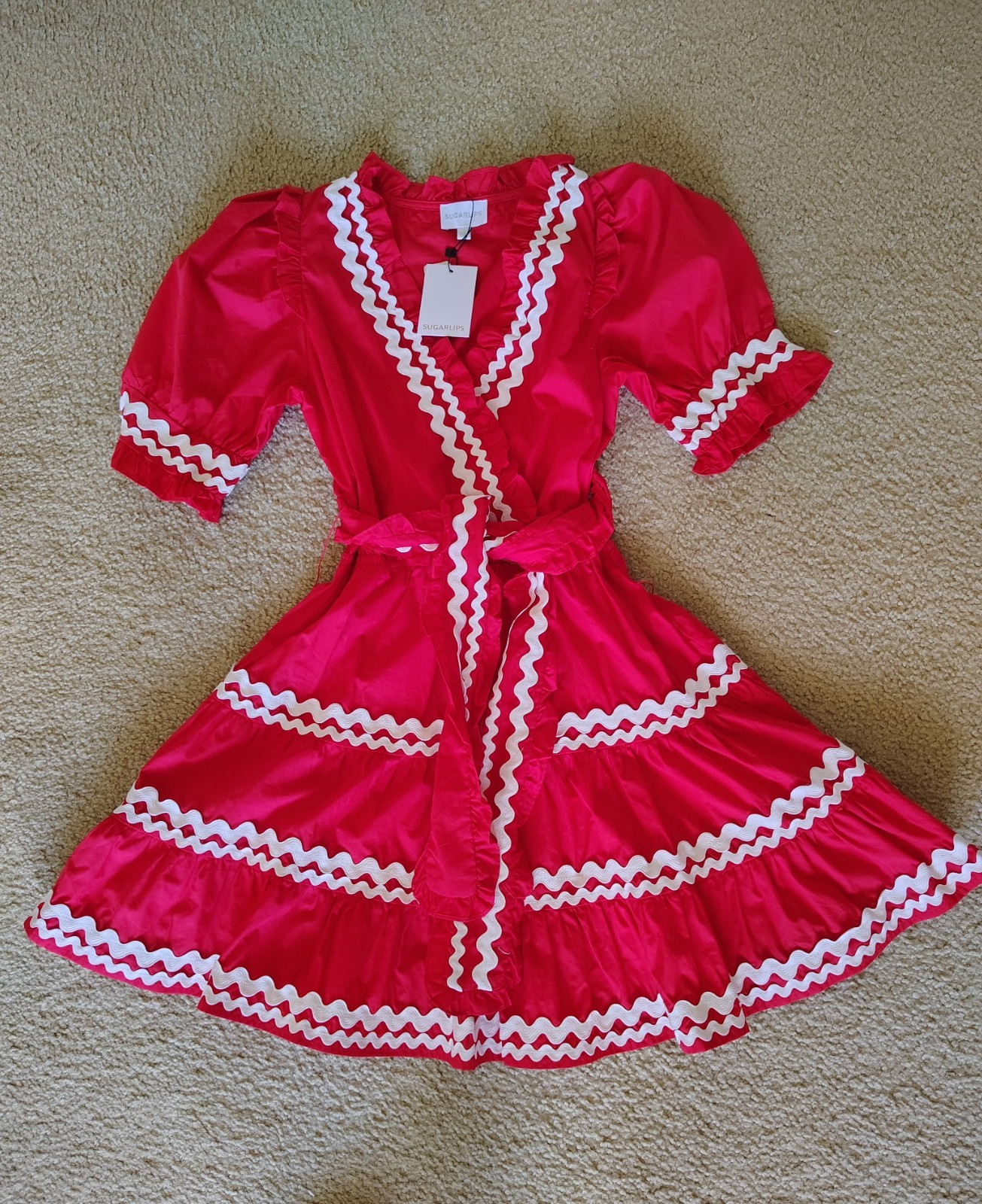 NWT Sugarlips Red Ruffle Tiered Mini Dress Sz S 100% Cotton Retail $129