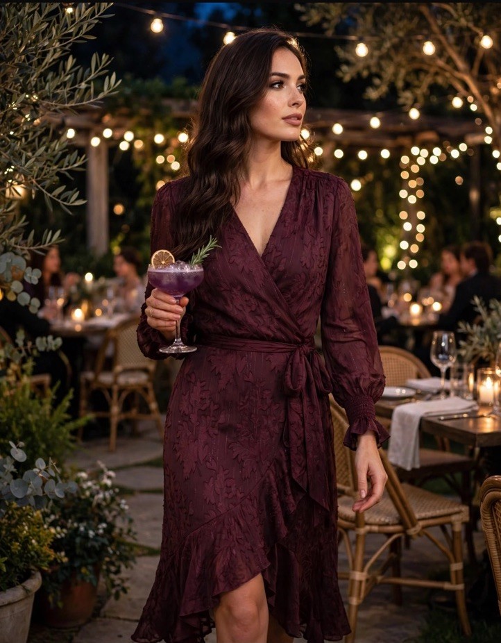 S.L. Fashions Burgundy Floral Jacquard V-Neck Wrap Midi Tie Waist XL