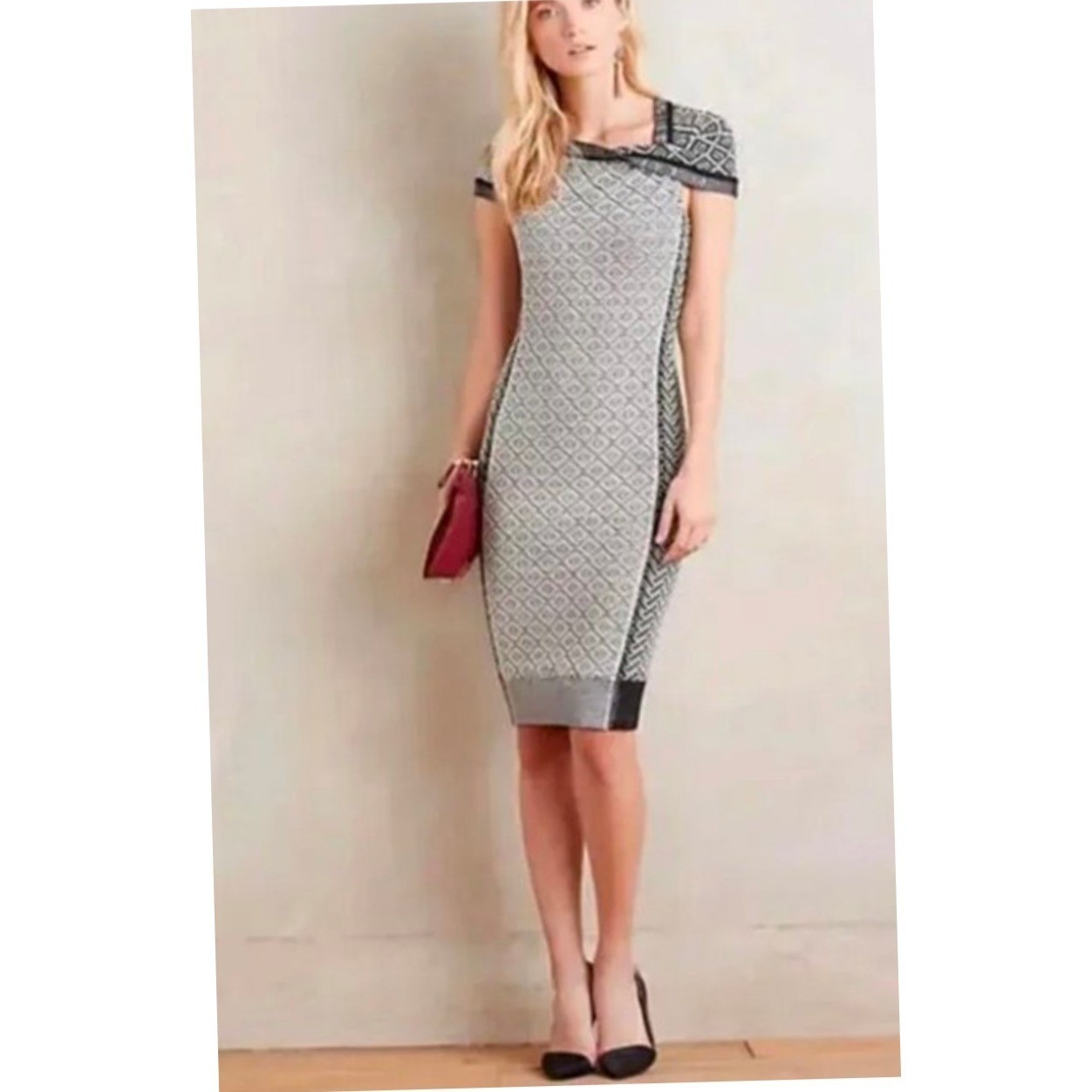 Byron Lars Beauty Mark Black White Textured Knit Asymmetrical Sheath Dress