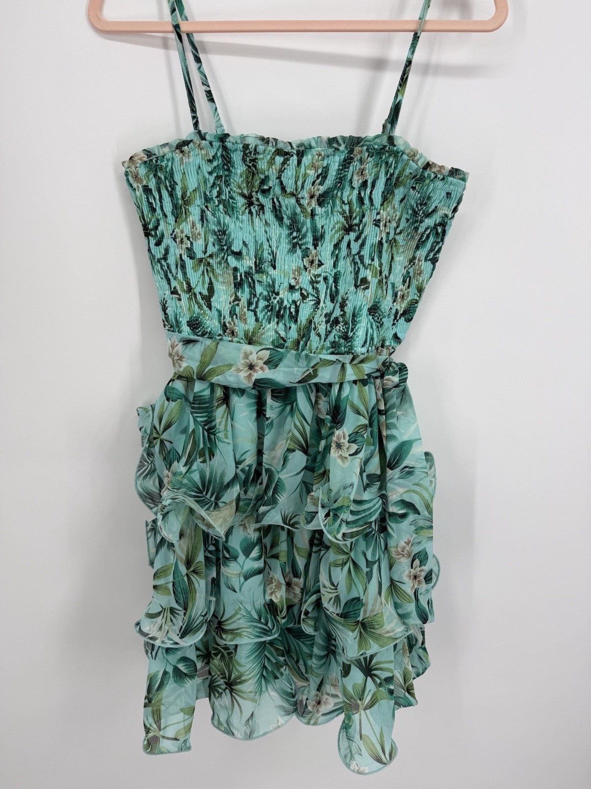 Miss Avenue Tropical Green Jungle Smocked Tiered Ruffle Mini Dress Resort Sun M