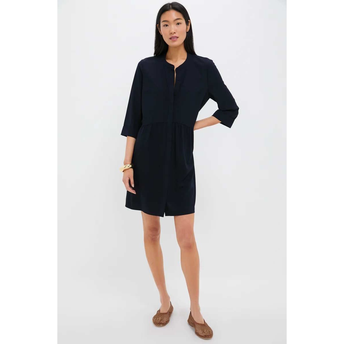 Tuckernuck Royal Shirt Dress Navy Blue Crepe Drop Waist Shift 3/4 Sleeve Size M