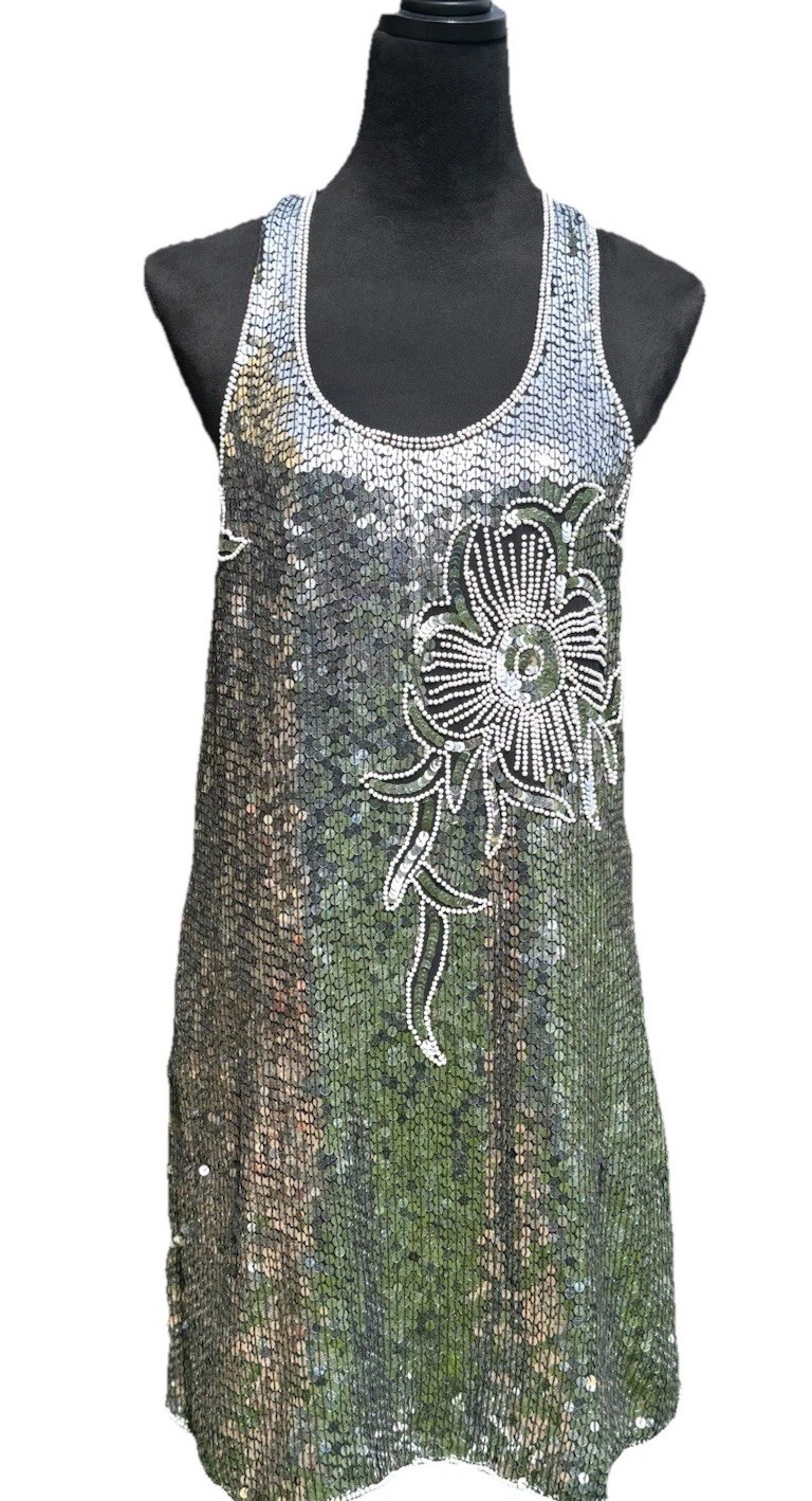 Parker Silk Beaded Sequin Dress L Silver Black Cocktail Party Mini Shift Glam