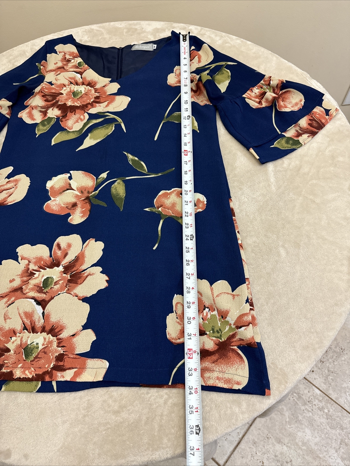 BELONGSCI Womans Navy Blue Floral FLARED SLEEVE Dress Size Medium
