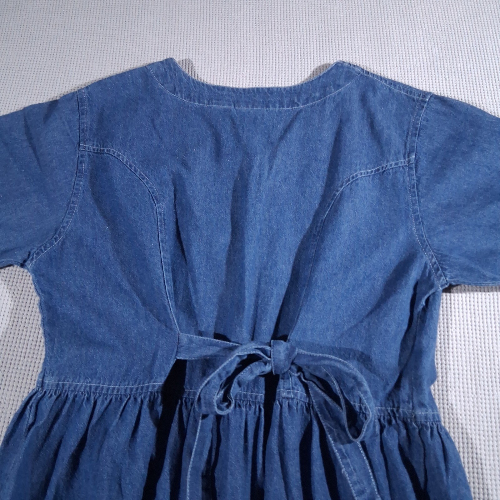 VTG Blue Cotton Embroidered Neck Button Front Midi Country Cottagecore Dress LG