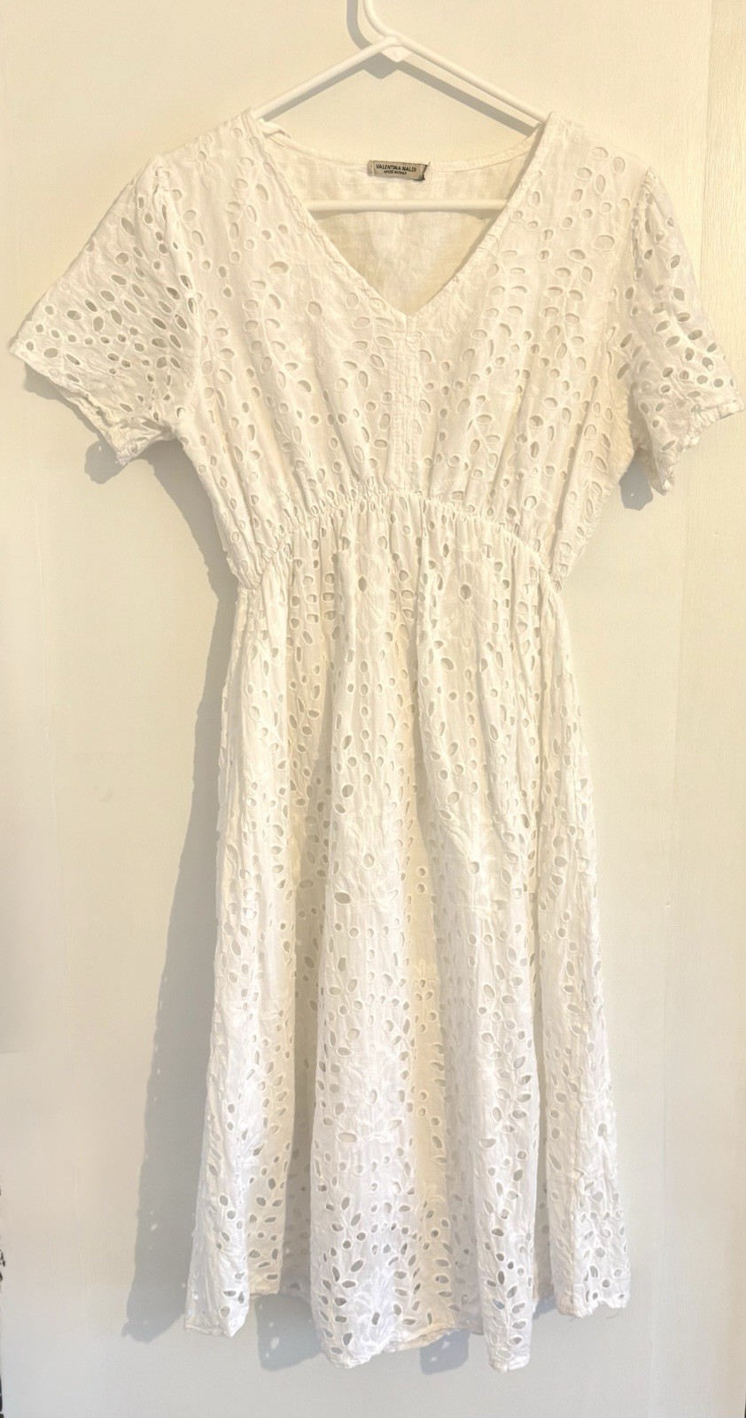 Valentina Naldi Midi Dress White, Eyelet Lined, Made in Italy, 100% Cotton Large