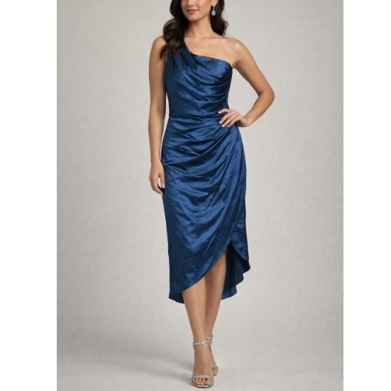 Ryanth Women’s Blue One Shoulder Ruched Satin Midi Dress Size 4 NWT