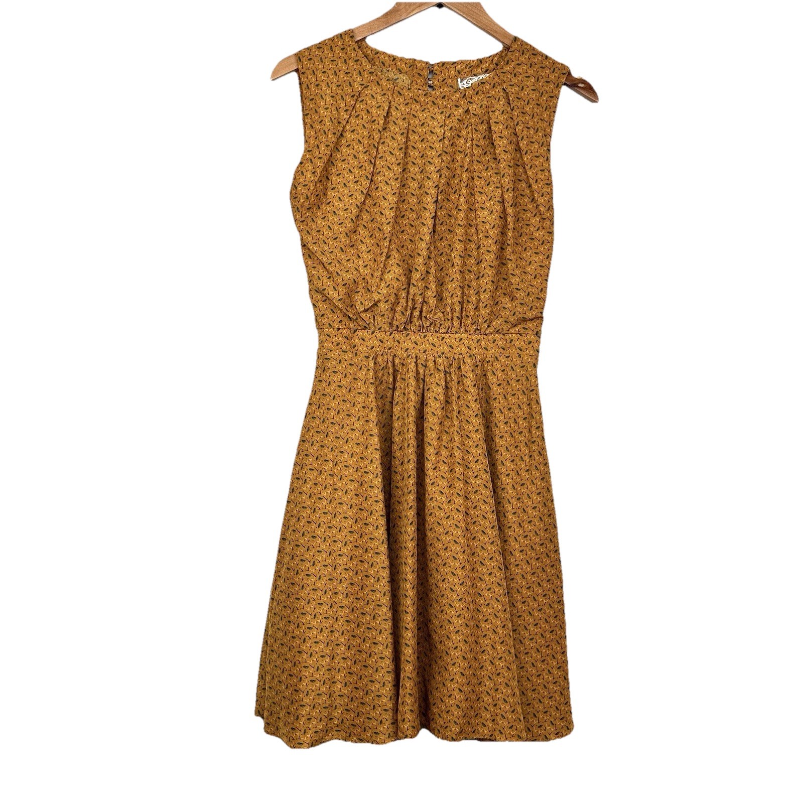 Pink Martini Sleeveless Fit & Flare Pleated Dress S Feather Print Elastic Waist