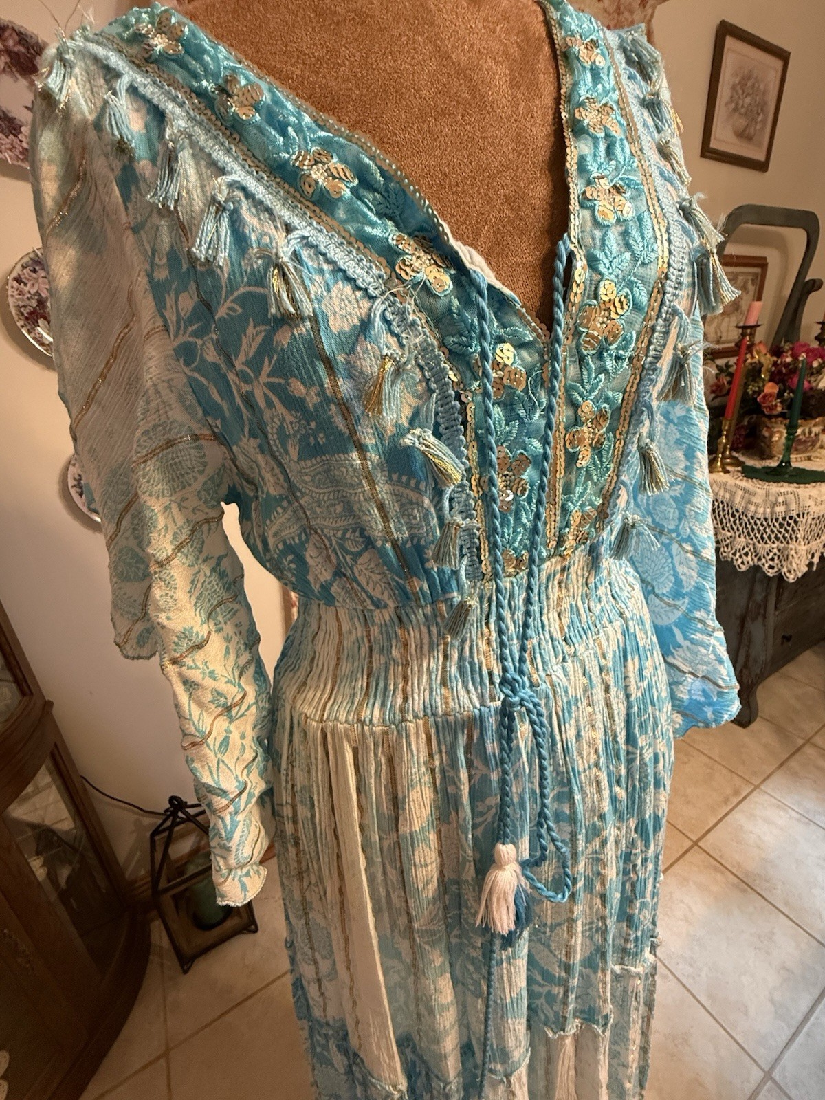 Blue White Boho Maxi Dress Size M Embroidered Lace Tassel Cottagecore Beach