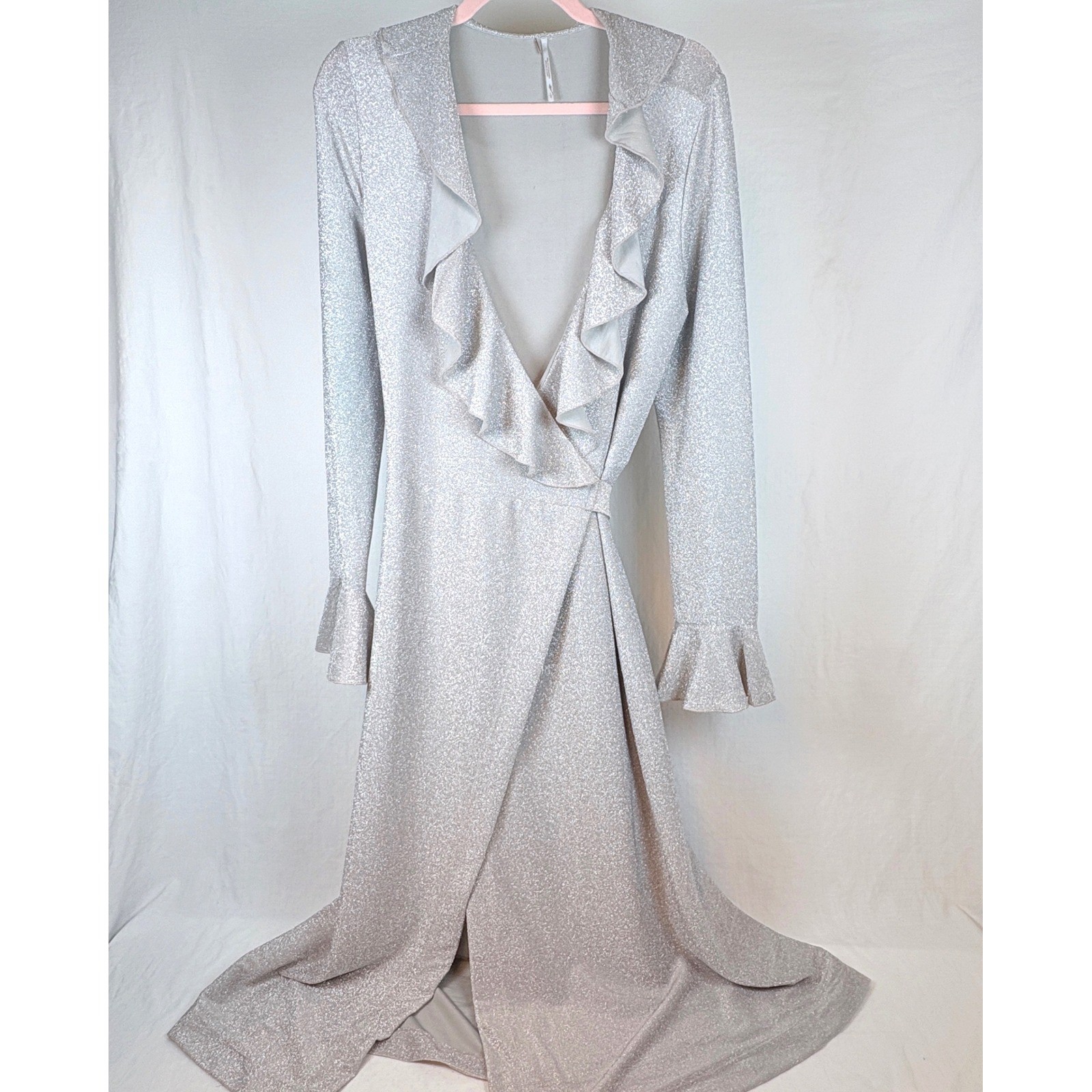 Free People Silver Metallic Ruffle Wrap Midi Dress Glitter Long Sleeve Glam sz L