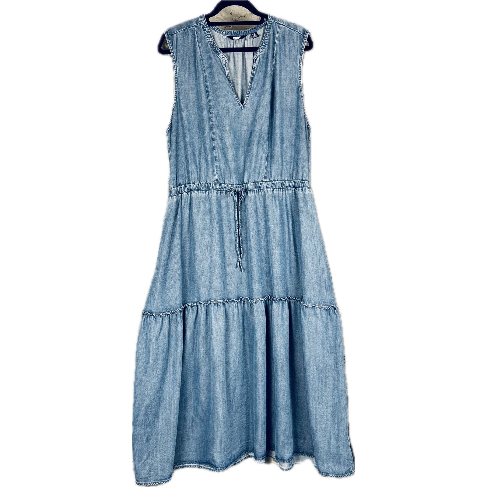 Blue Chambray Tier Prairie Midi Sleeveless Dress 2XL Plus Cottage Cowgirl V-Neck
