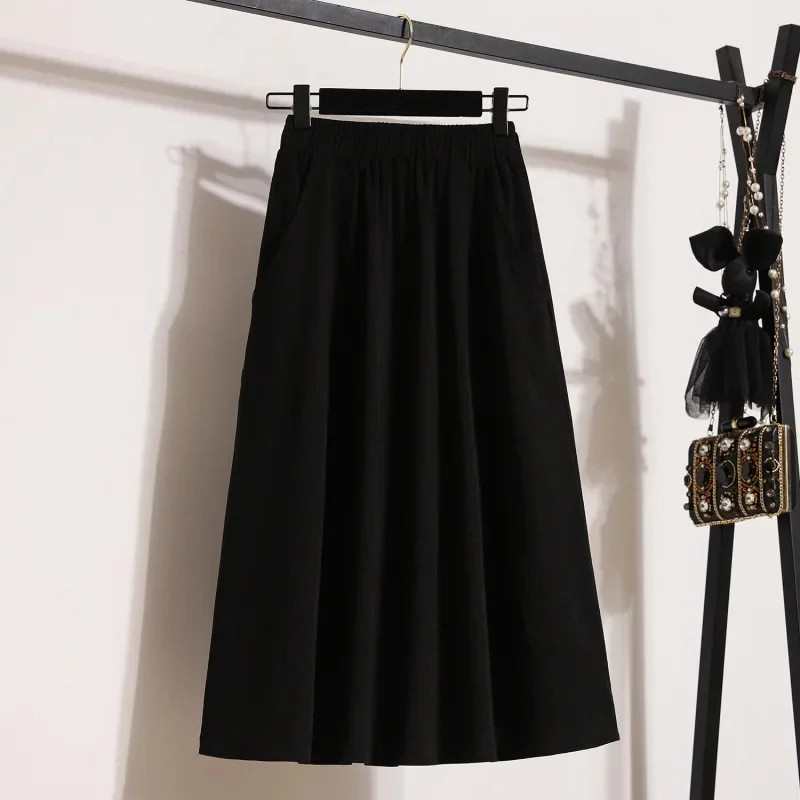 Elastic Waist High Waist Medium Skirt Slimming Solid Color Large Size Multifunct