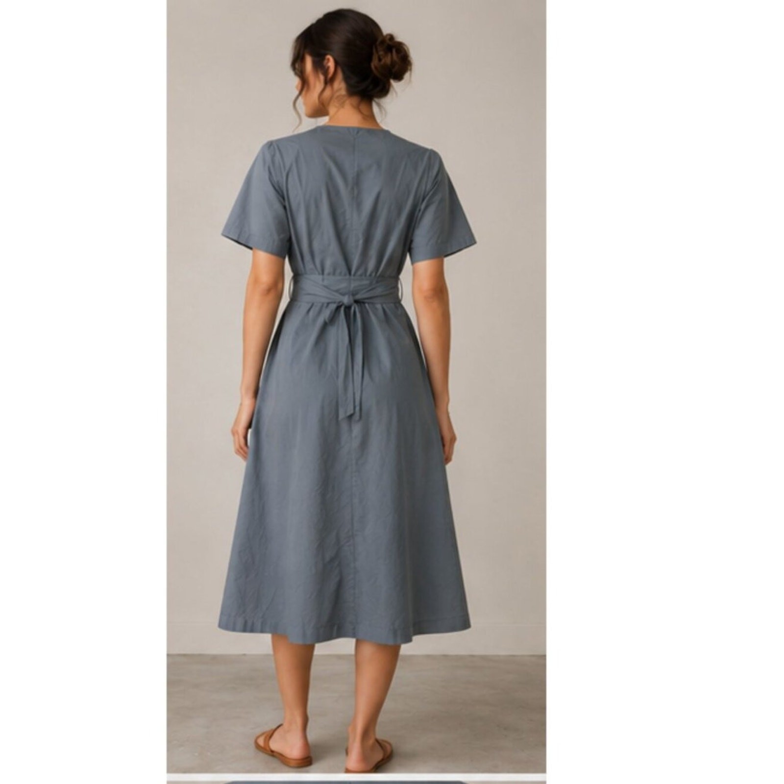 Margin Weathered Blue Cotton Wrap Midi Dress Tie Waist Pockets Size Medium