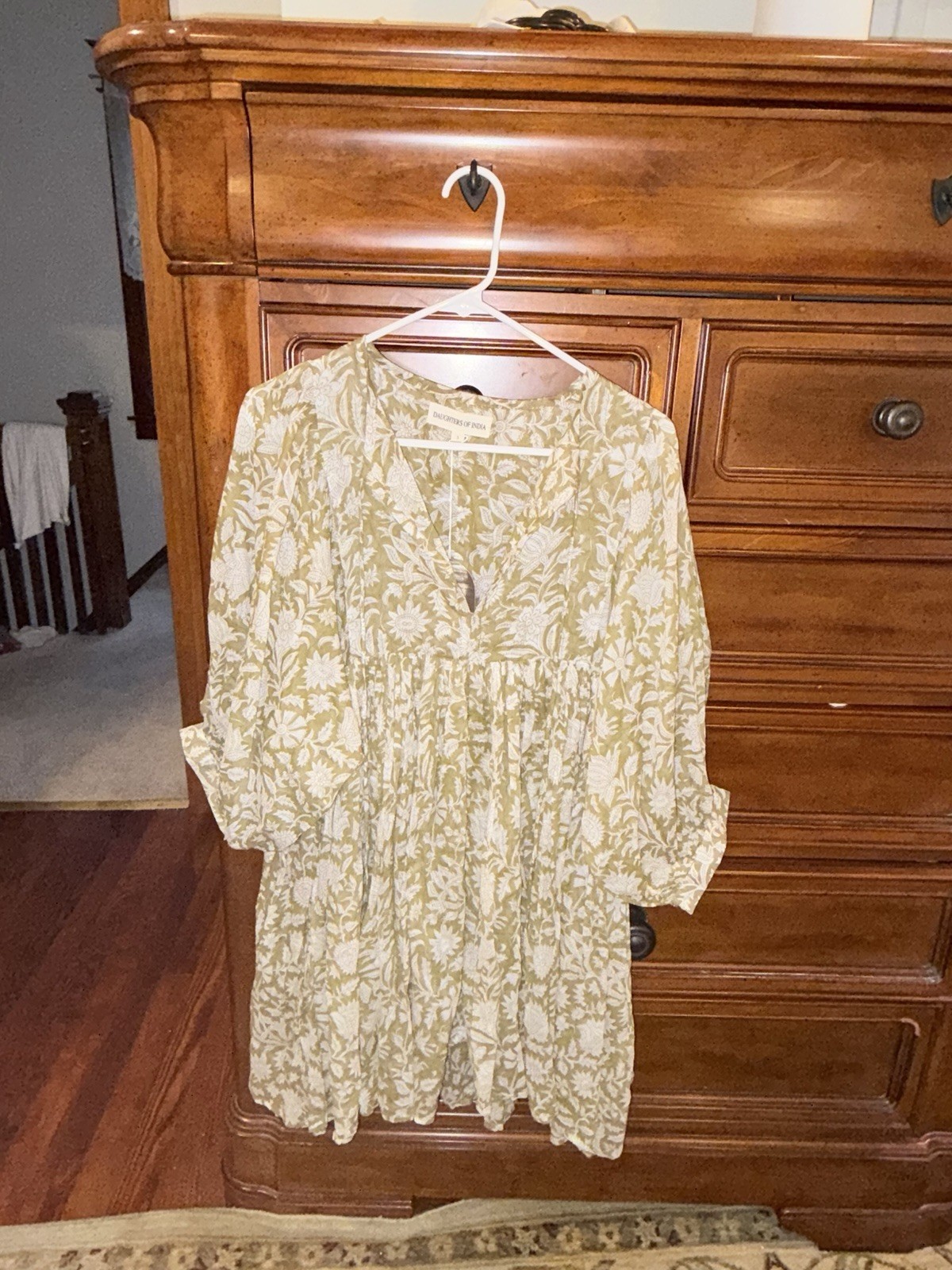 Daughters of India NWT Cotton Floral Mini Dress Sage Green Size S Boho