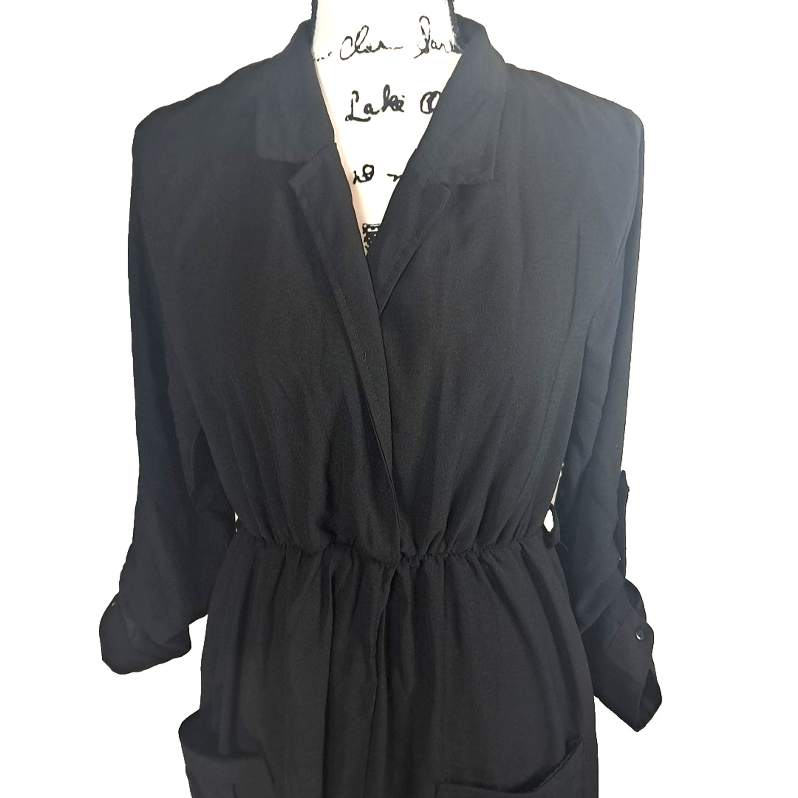 Faux Wrap Split Skirt Roll Tab Sleeve Maxi Dress Size L Black Goth Vamp Festival