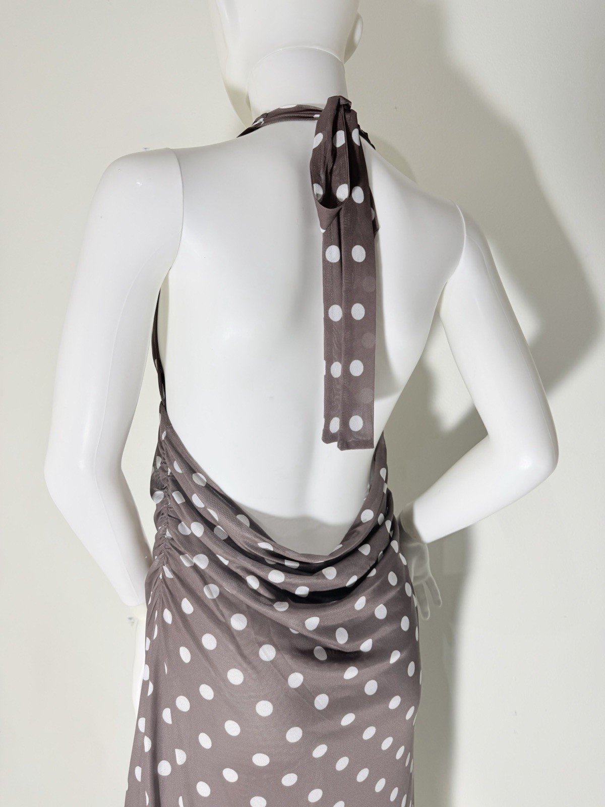 Caroline Constas Brown White Polka Dot Halter Backless Slit Mesh Midi Dress L