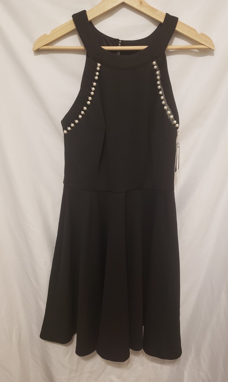 Iz Byer Scuba Dress Juniors Sz 7 Black Creme Keyhole Pearl Accent Zip Up