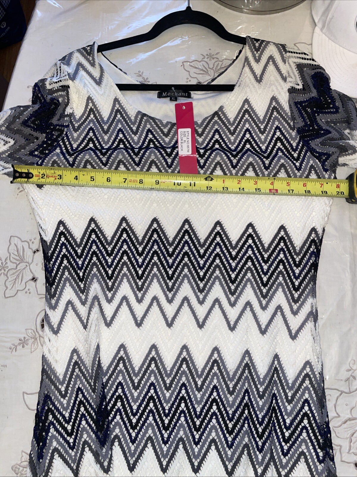 NWT Mechant Crochet Blue White Grey Zig Zag Chevron Bold Pattern Dress X-Large