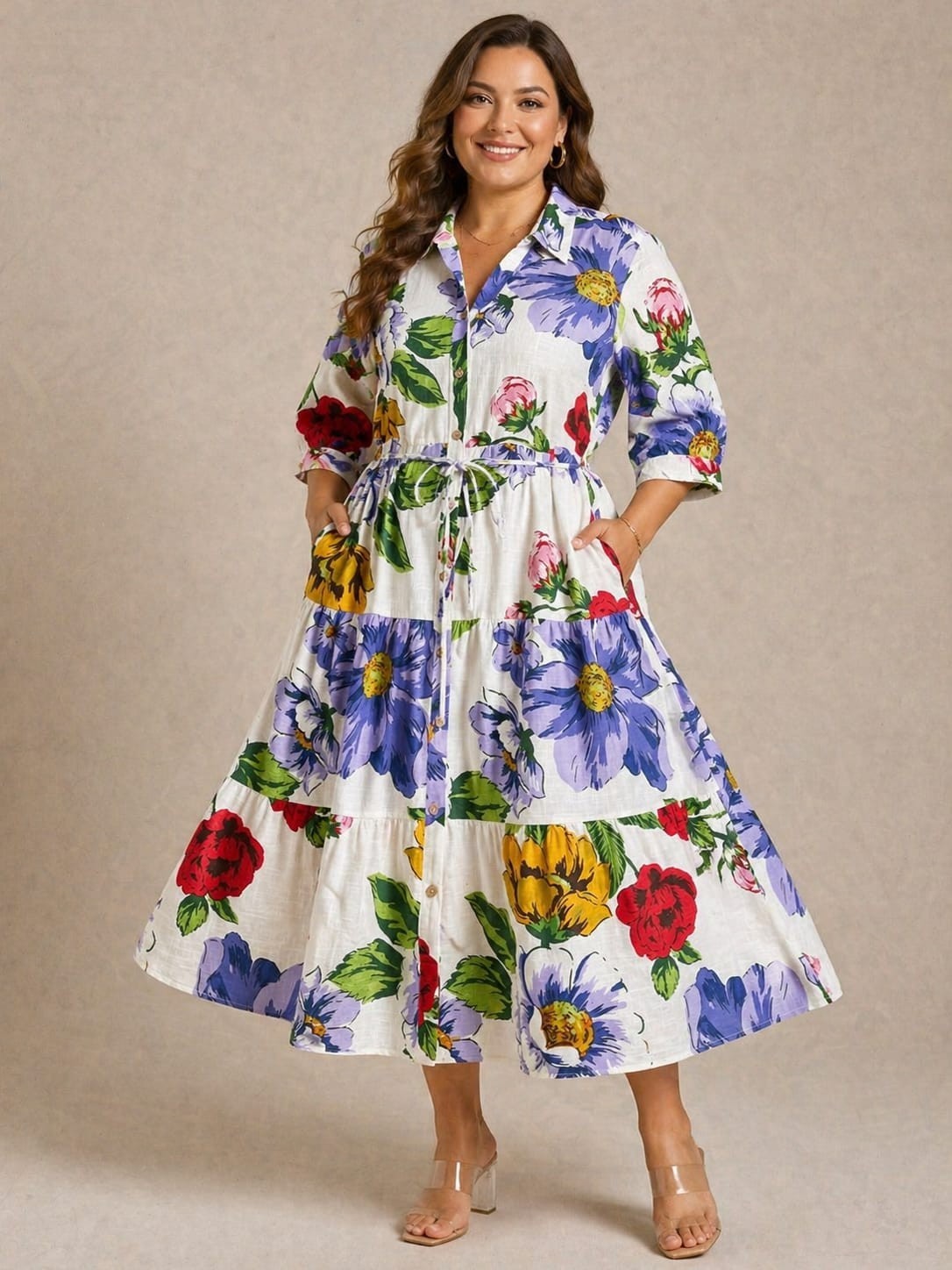 Mlle Gabrielee Womens plus size cotton floral button down collared 3/4 slv Dress