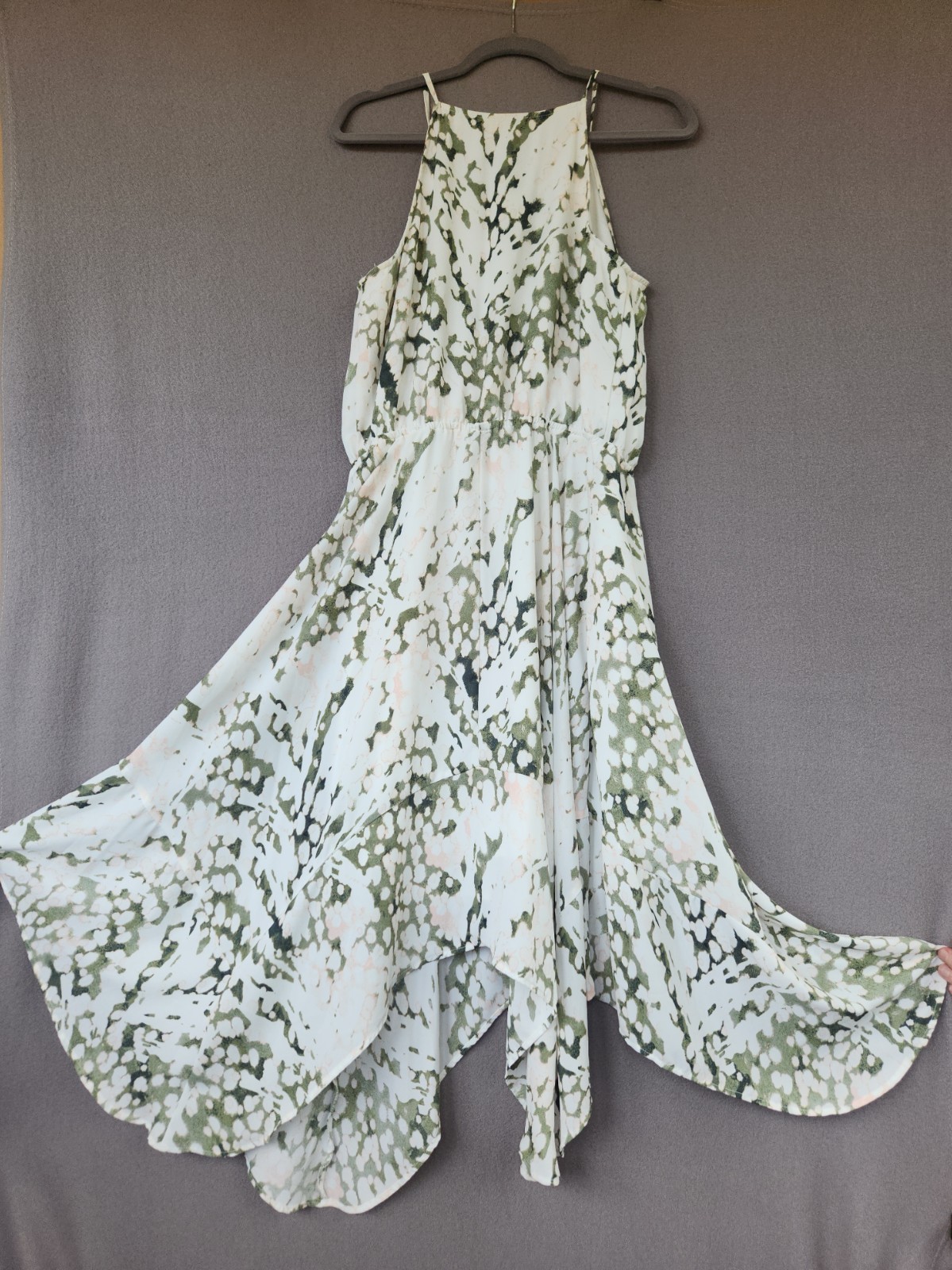 Mossimo M Abstract Olive Pink Cami Dress Midi Boho Handkerchief Hem Fully Lined