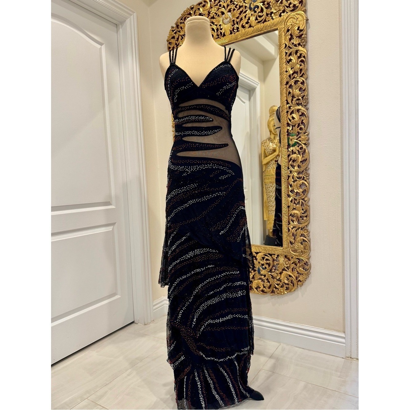 Black intricately hand beaded Sequin Mesh Maxi Dress with Double Straps stretch