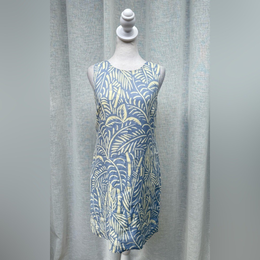 Island Company classic shift mini sleeveless dove gray blue leaf print dress