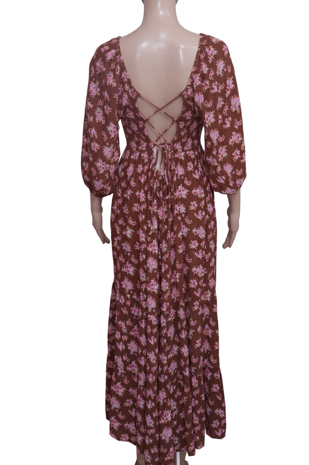 UO Lottie Chocolate Floral Tie-Back Midi Dress Printed Smocked Puff Sleeve New L