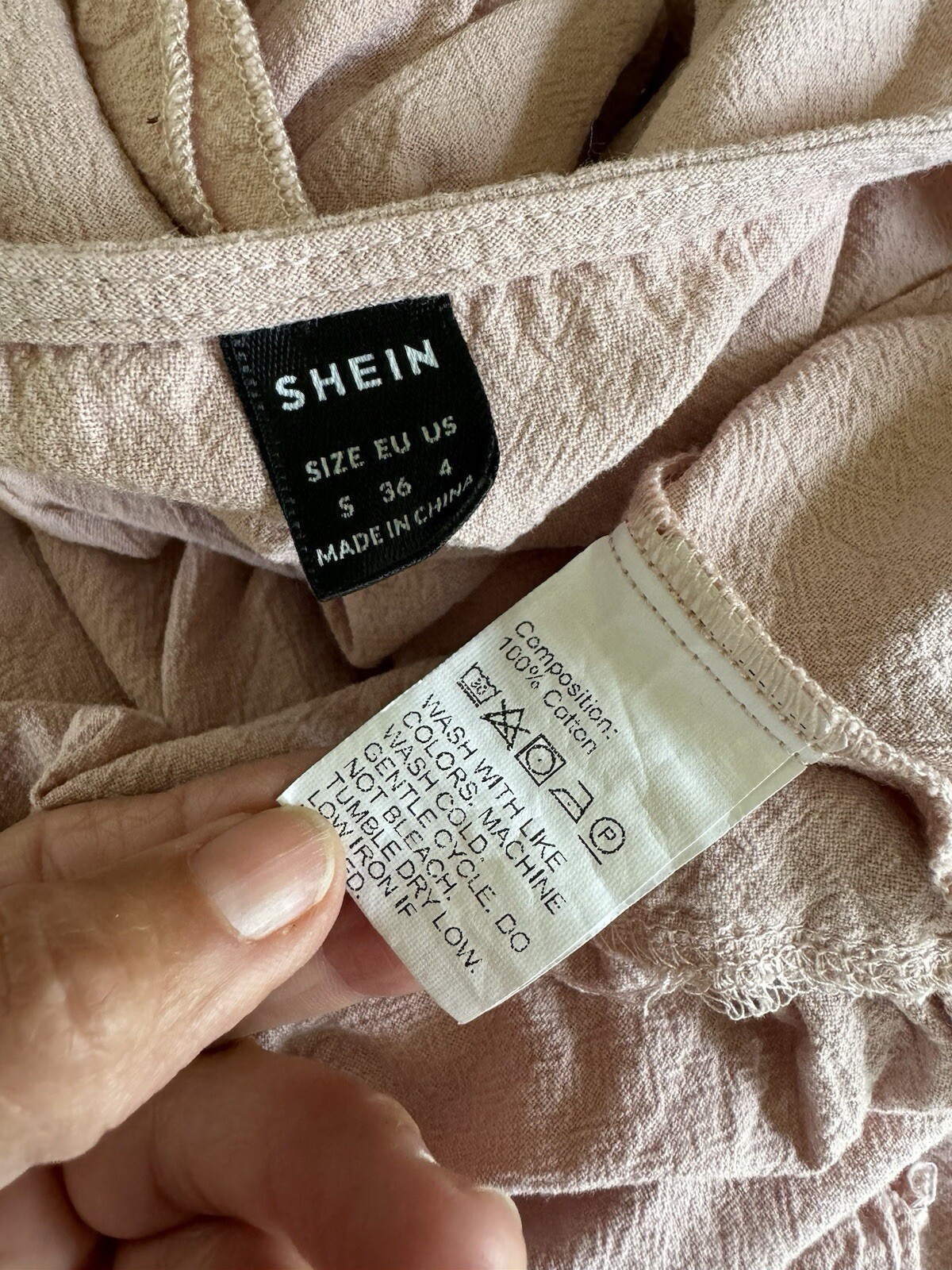 Beige Ruffle Hem Dress Small Button Short Flutter Sleeve Linen Like 100% Cotton