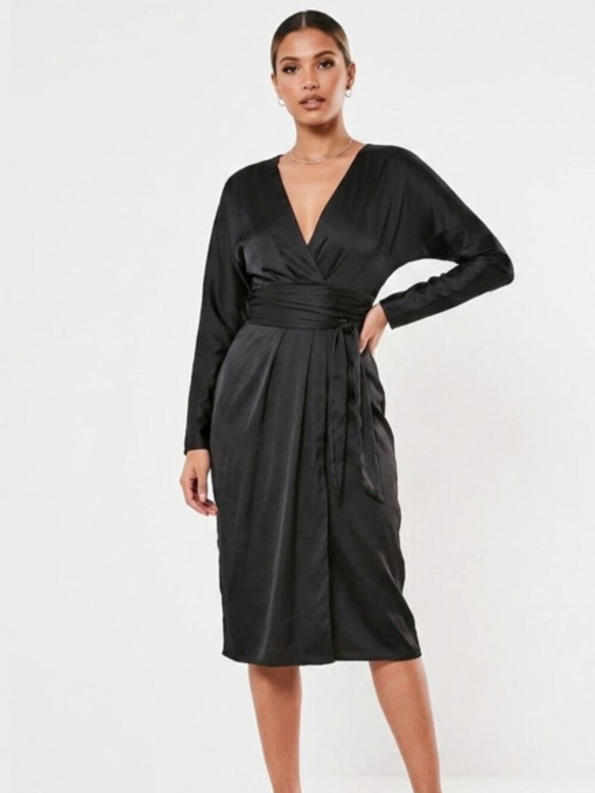 NWT ASOS DESIGN satin midi black dress with batwing sleeve and wrap waist Size 6