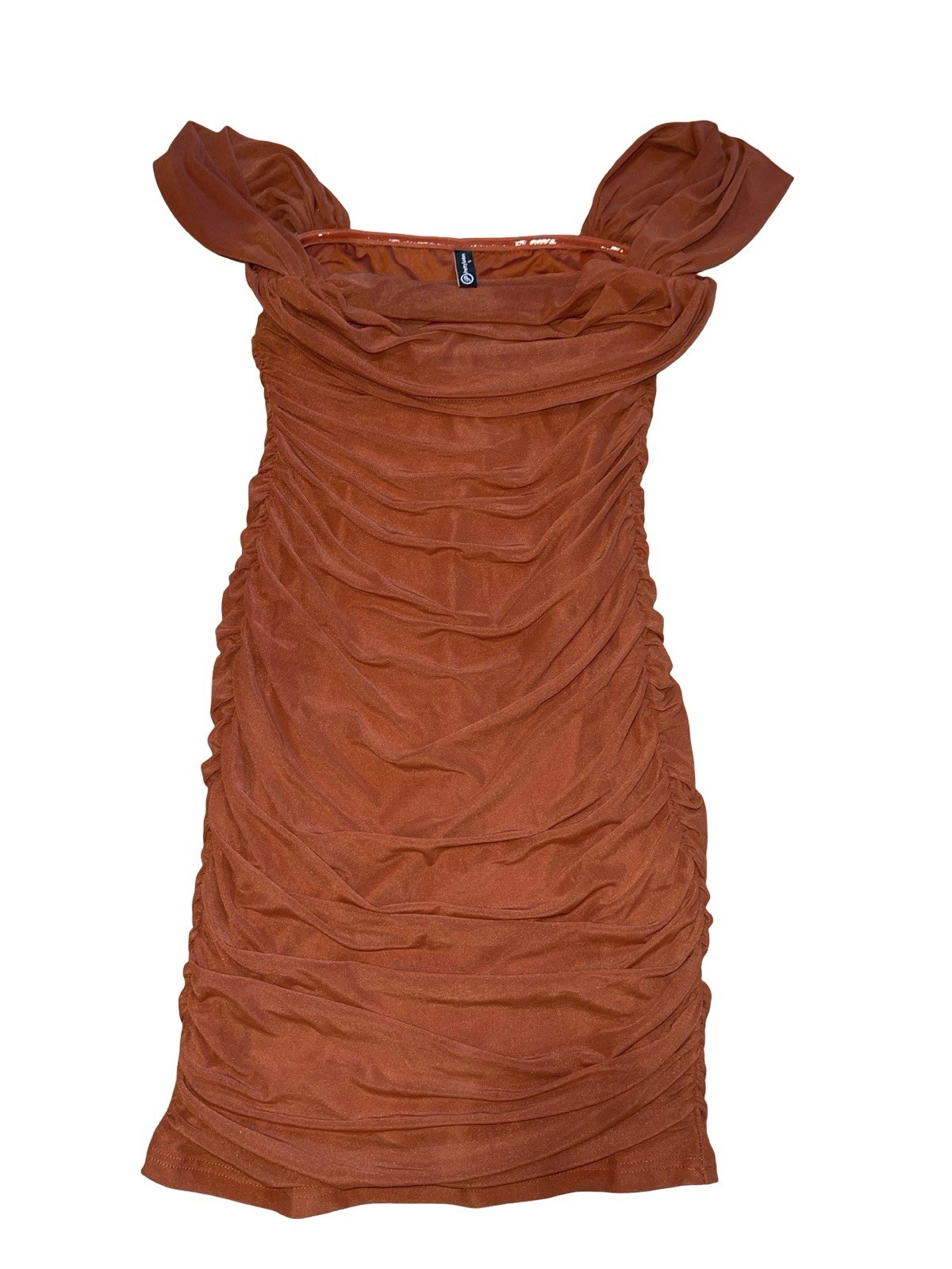 PrettyGarden Brown Ruched Off Shoulder Stretch Bodycon Mini Dress Party S