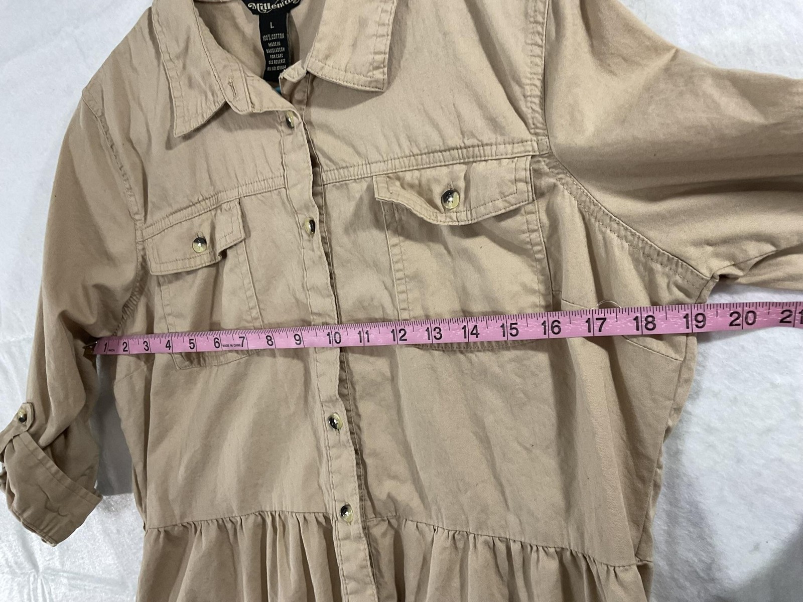 Millennium Dress Womens Large Beige Shirt Dress Button Front Pockets 3/4 Sleeve