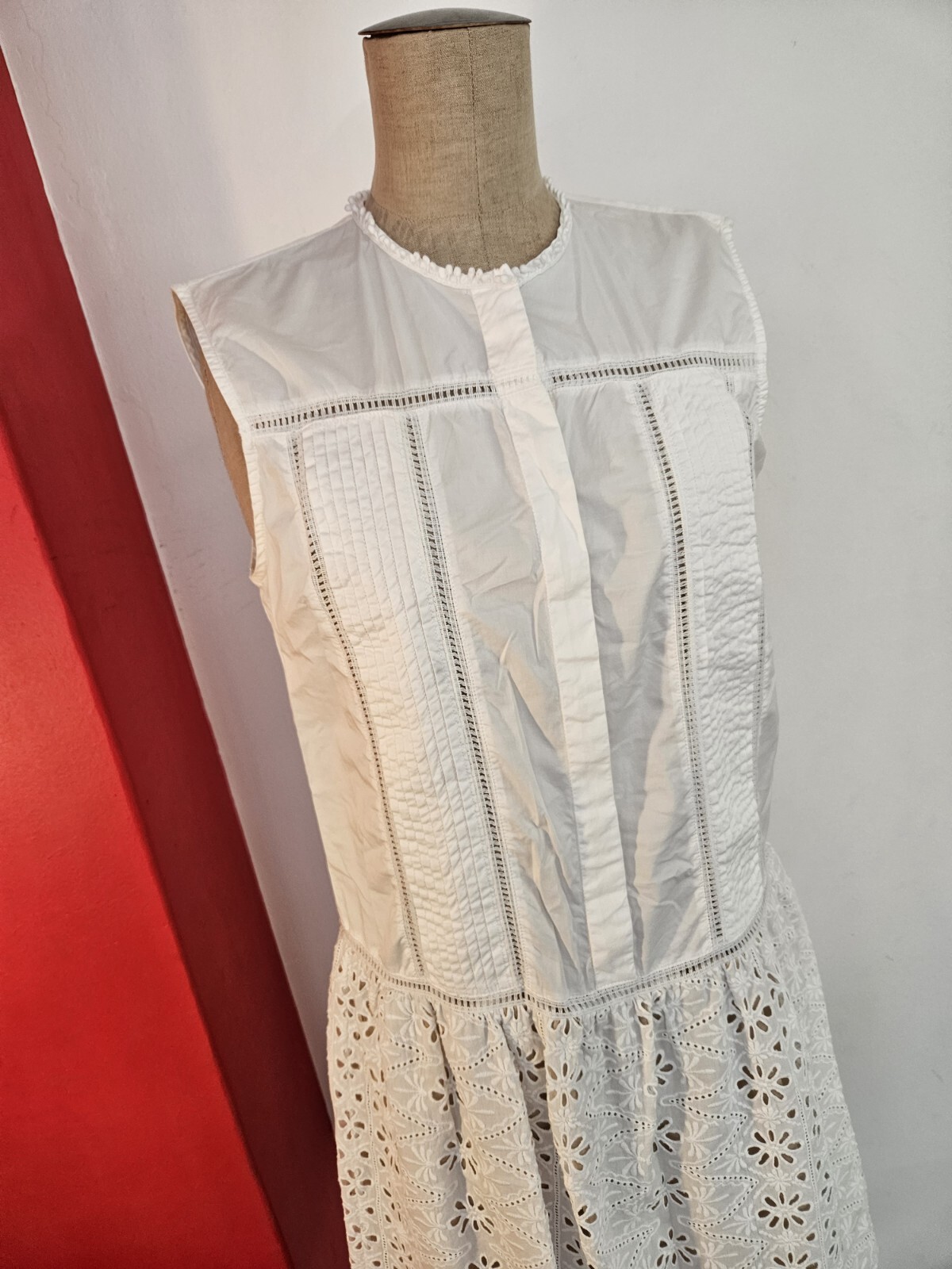 0039 Italy White Cotton Dress Lace Sleeveless Victorian infused Size M