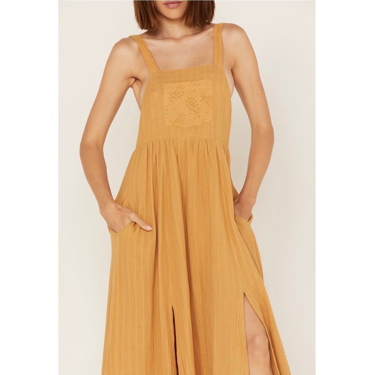 Cleo + Wolf Gold Textured Eyelet Bib Maxi Dress Boho Western Small