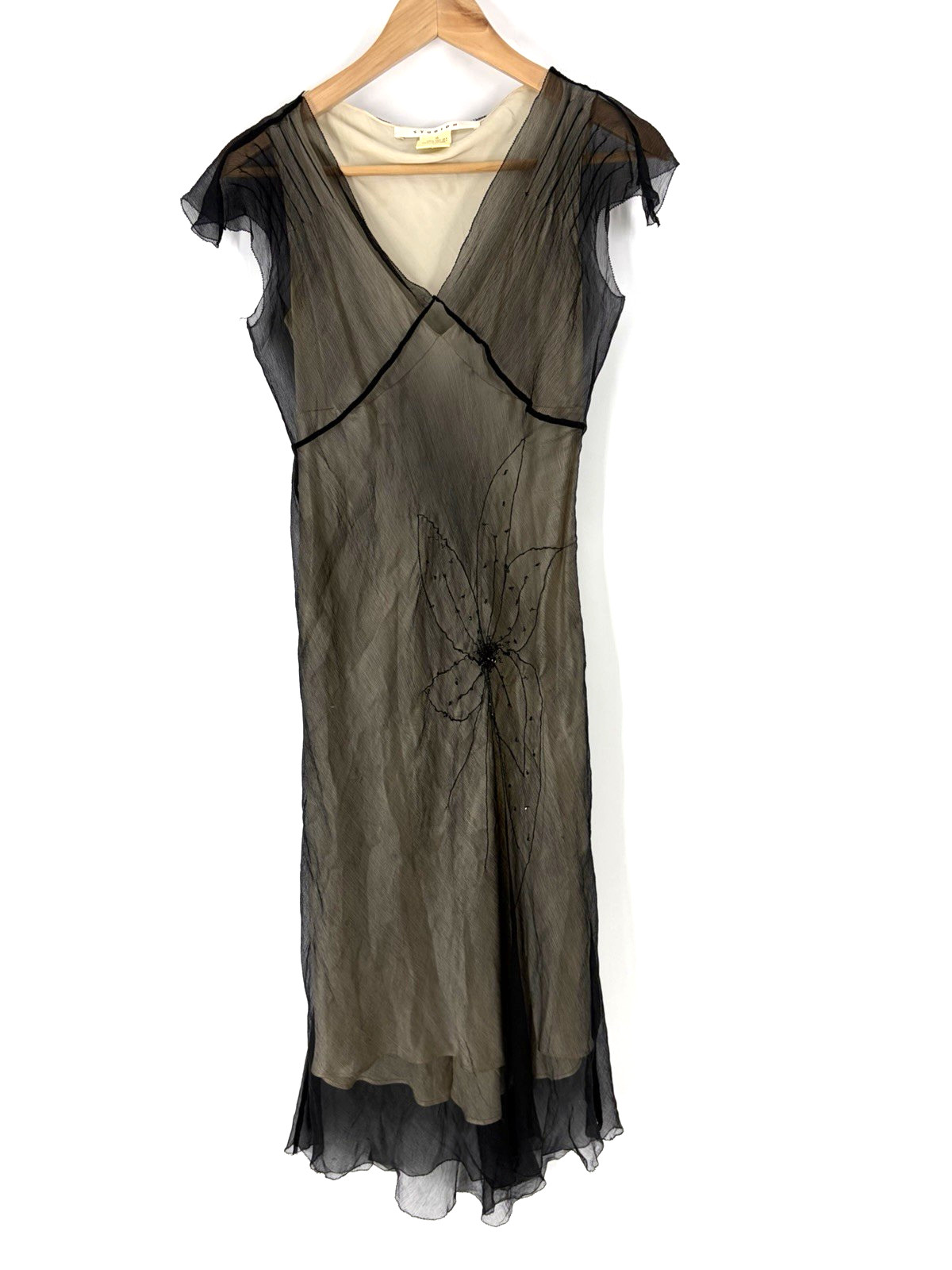 Max Studio M Dress Size Small Black Silk Cocktail Y2K Chiffon Beaded Flower