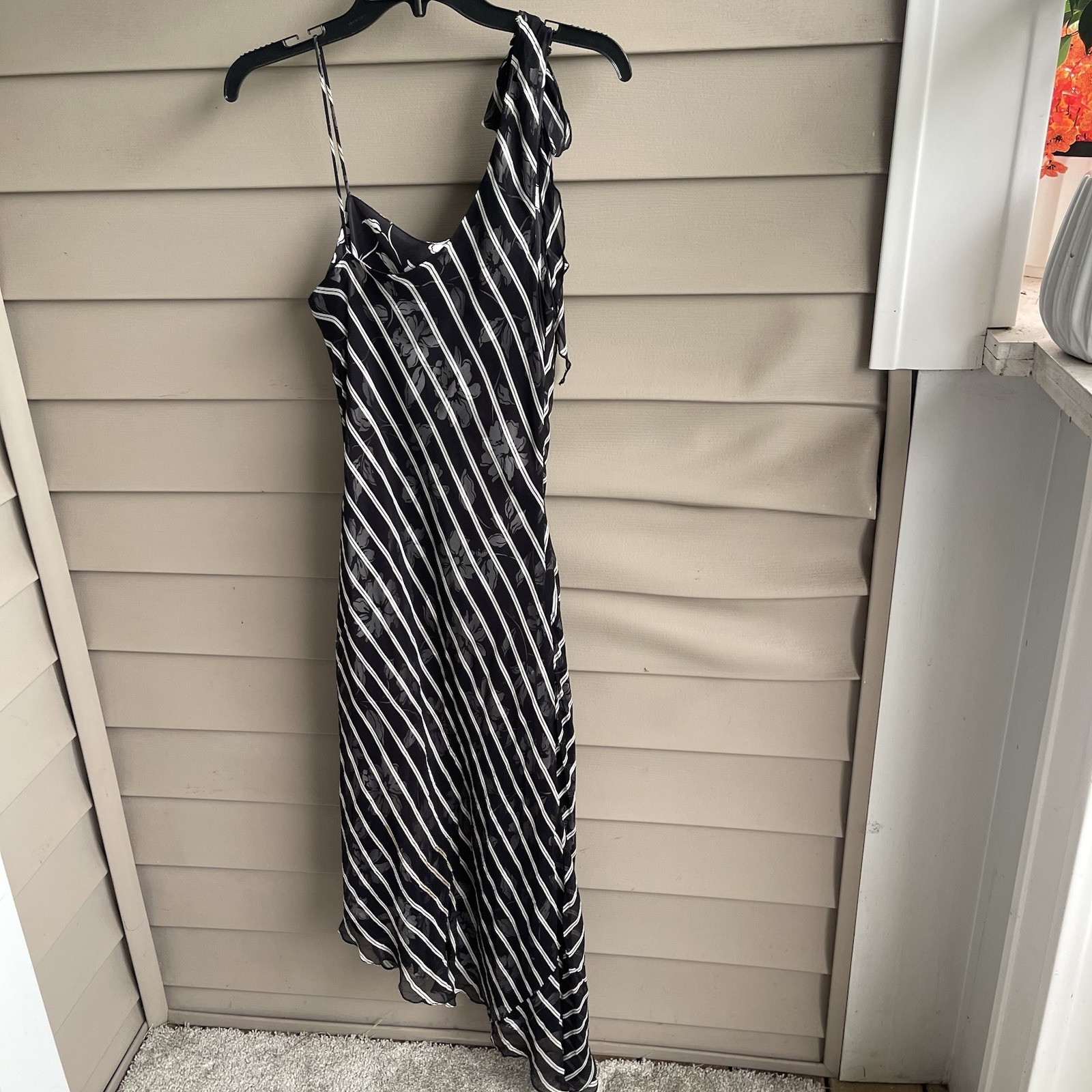 Vtg Laundry Shelli Y2K Beaded Silk Dress Size 12 Black Midi Asymmetric Floral