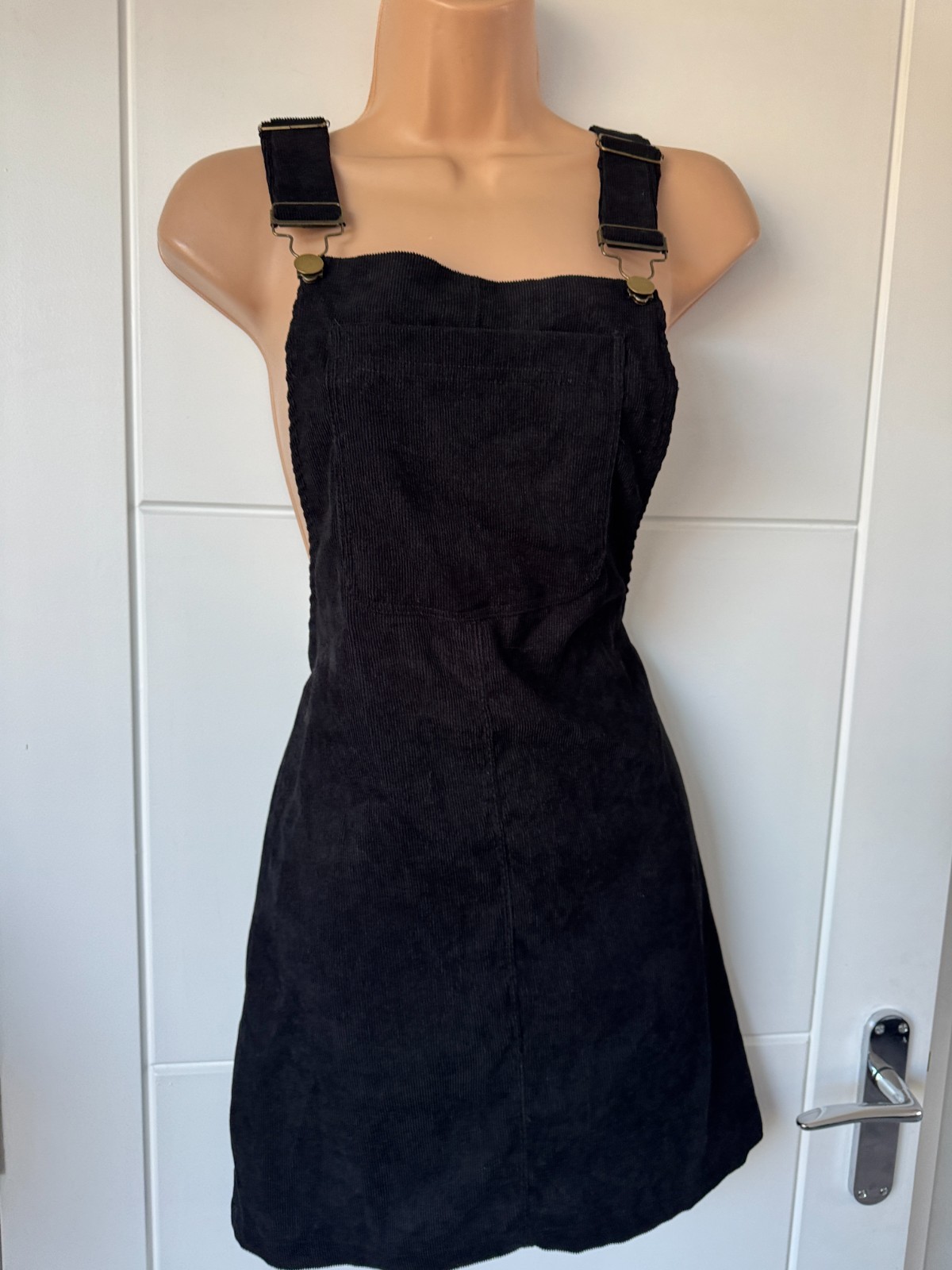 SHEIN Black Corduroy Pinafore Dungaree Mini Dress Pocket Detail S UK 8-10 B92