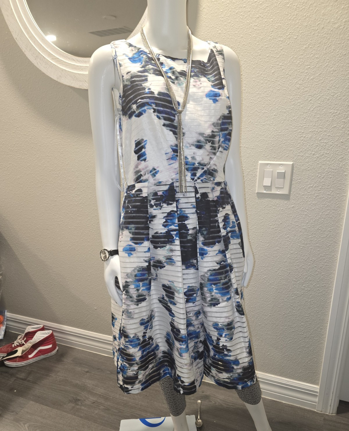 Ivanka Trump Blue/White/Black Abstract V-Neck Pleated Fit & Flare Dress 12