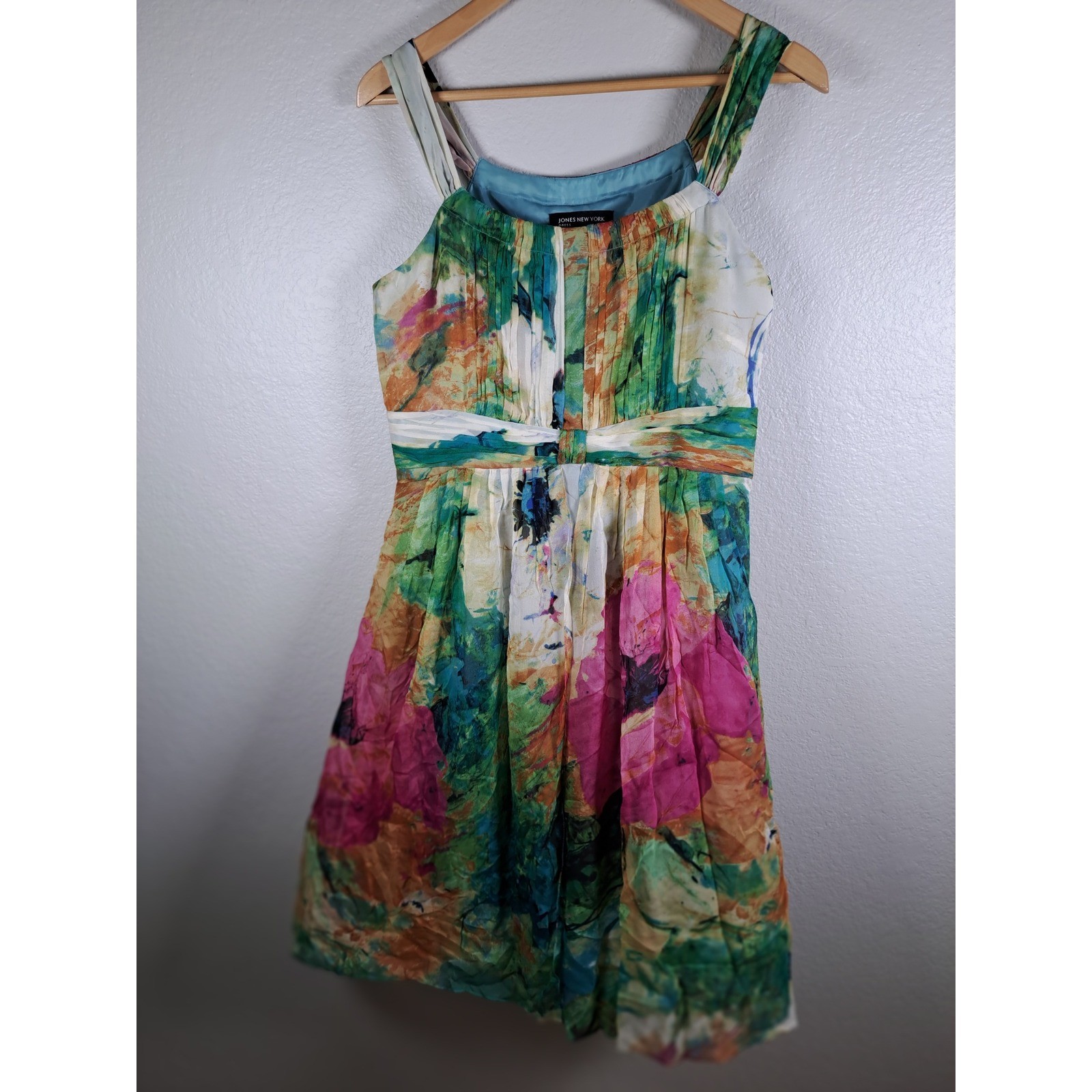Jones New York 100% Silk Watercolor Floral Pleated Empire Waist Dress Size 12