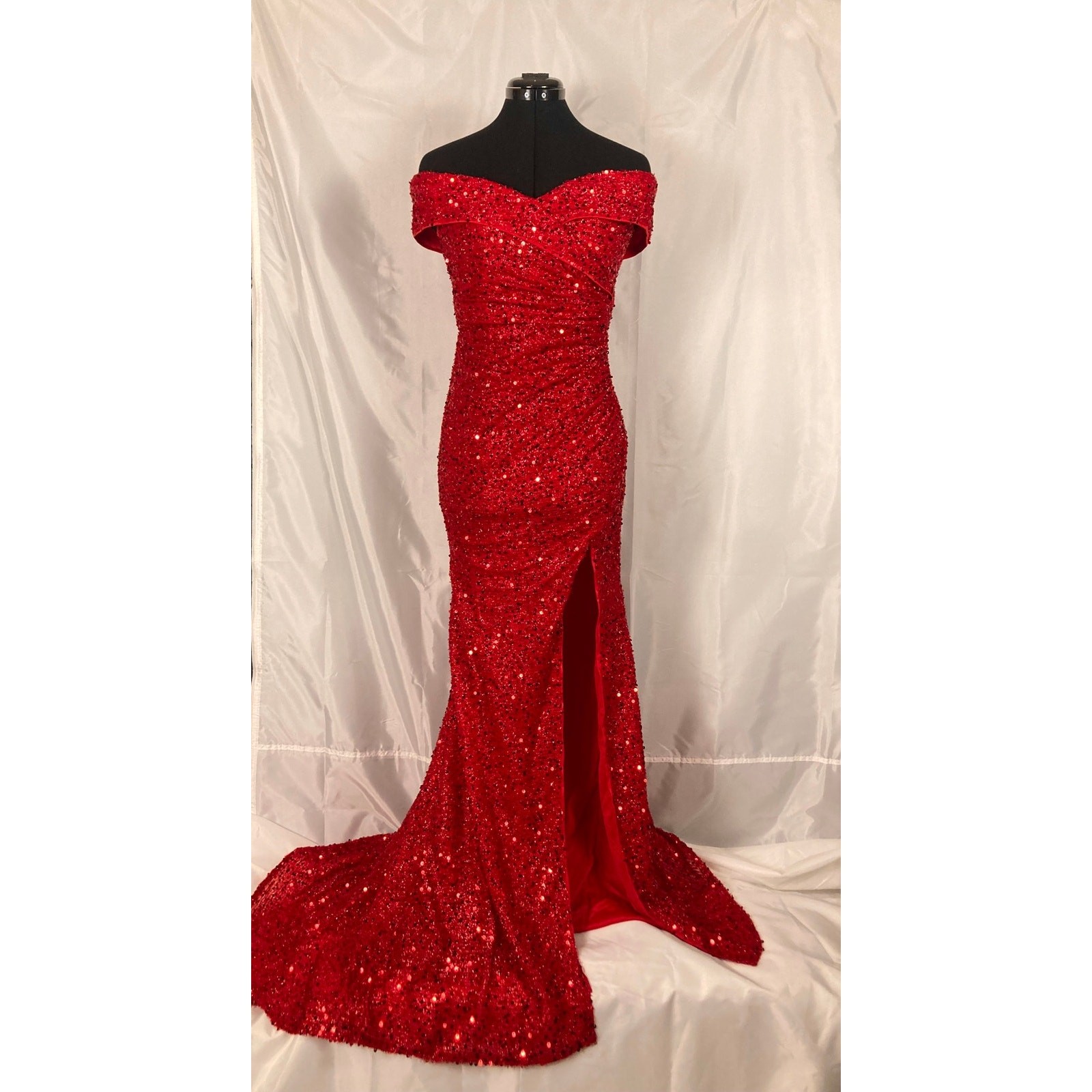 S Adyce off the shoulder ruched red sparkly sequin mermaid slit hollywood