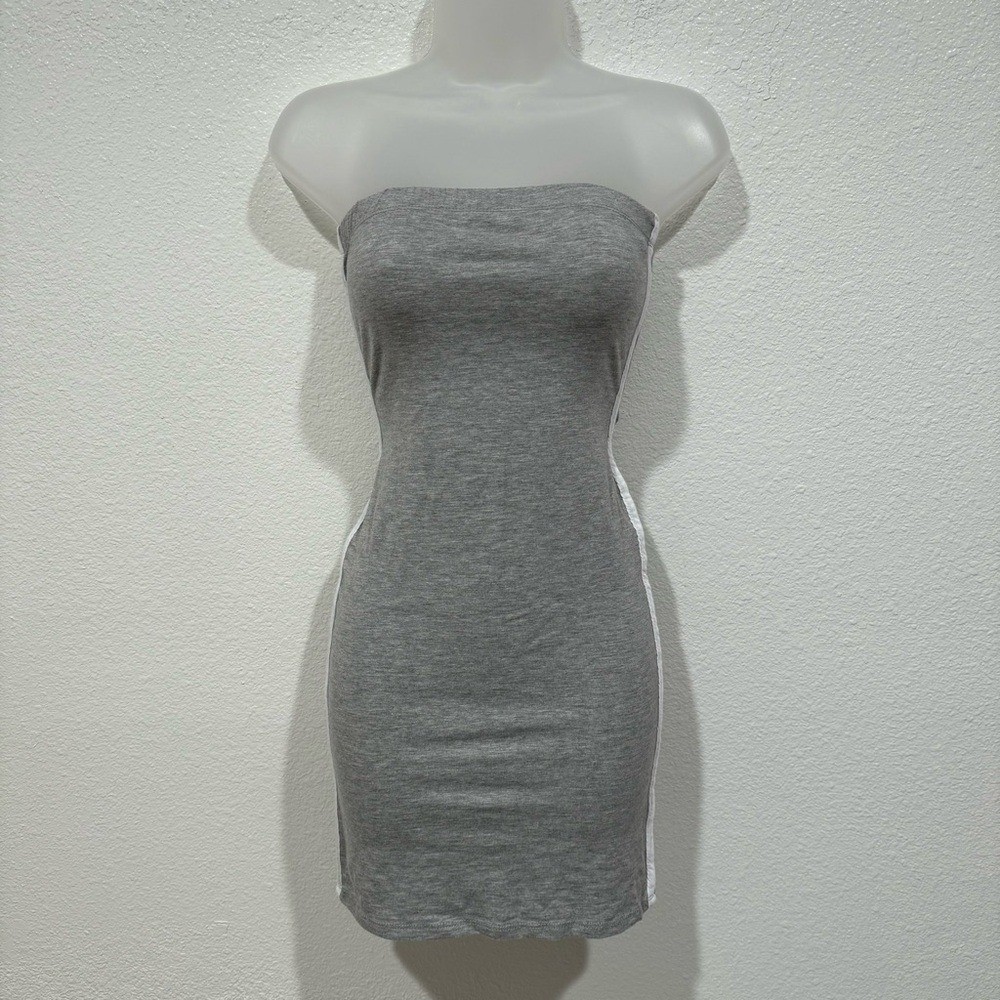 NWT grey & white stripe strapless tube top bandeau bodycon fitted dress