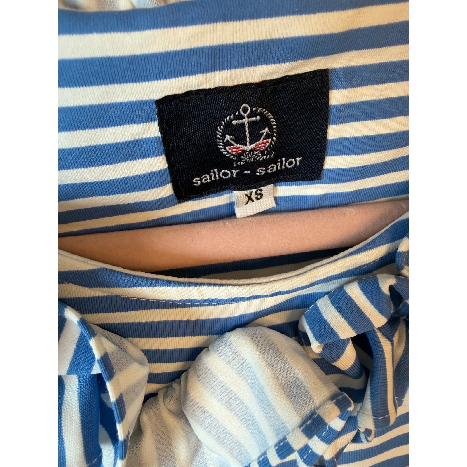 Sailor-Sailor Blue White Striped Ruffle Neck Sleeveless Shift Dress Womens XS